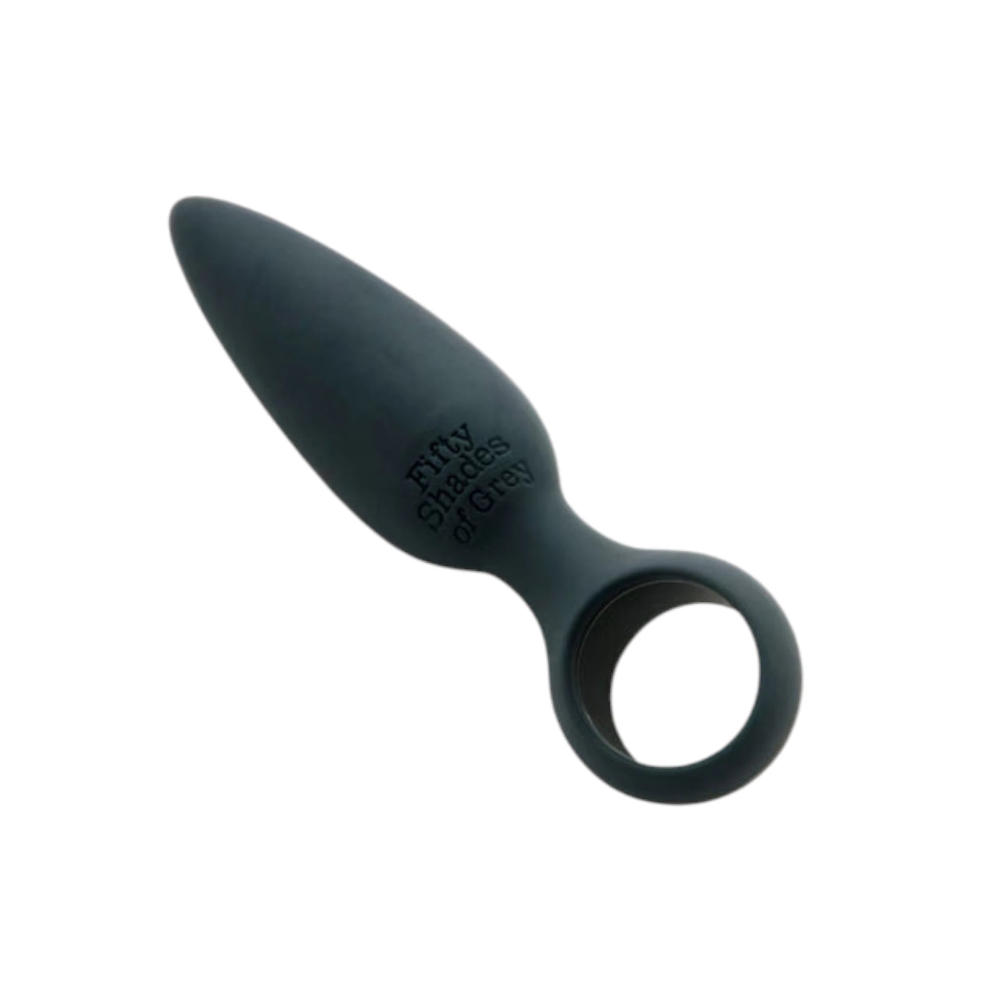 Fifty Shades of Grey Come Hither silicone anal plug in black shown from side displaying tapered bulbous tip, finger loop base, Fifty Shades of Grey branding on shaft, and smooth silicone finish against white background