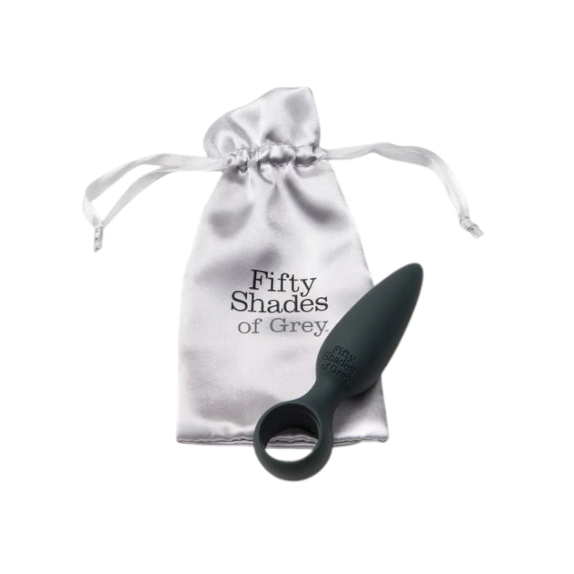 Fifty Shades of Grey Come Hither silicone anal plug in black displayed with white satin storage pouch featuring drawstring closure and 'Fifty Shades of Grey' branding, showing tapered bulbous tip and finger loop base against white background