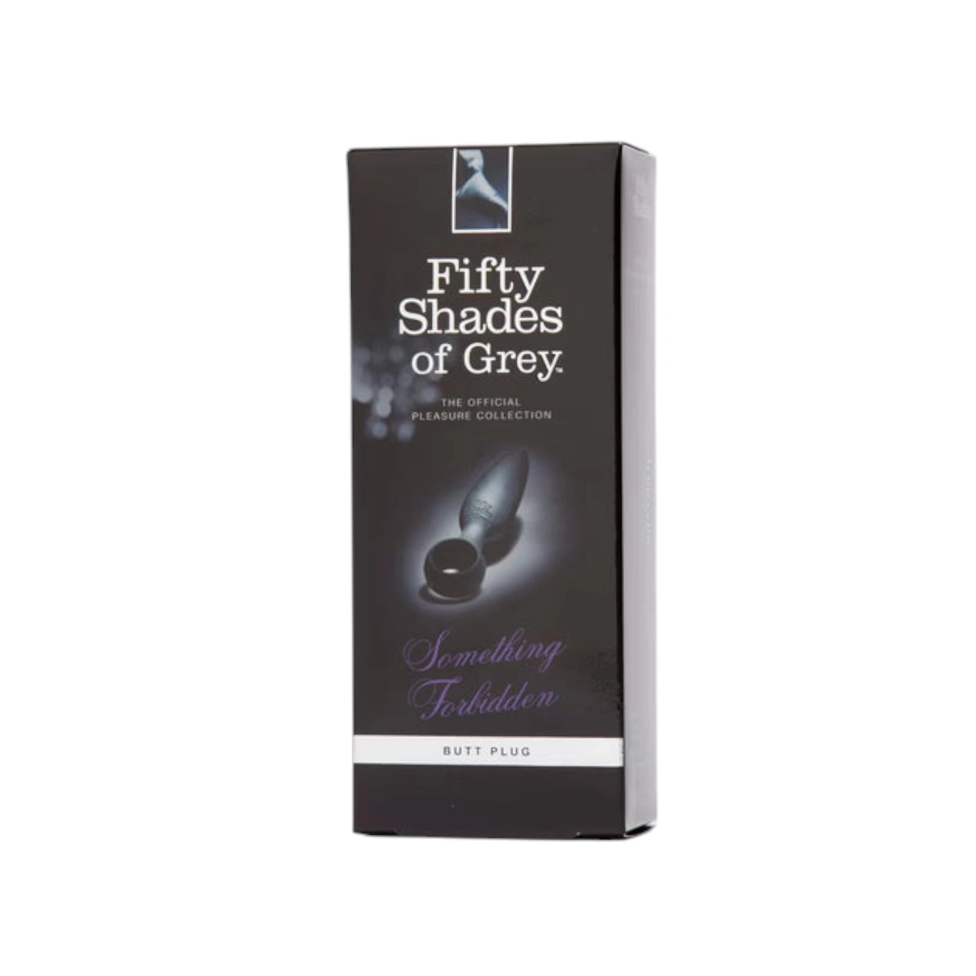 Fifty Shades of Grey Come Hither silicone anal plug packaging box in dark grey with 'Fifty Shades of Grey The Official Pleasure Collection' branding, product image, 'Something Forbidden' text in purple, and 'Butt Plug' label against white background