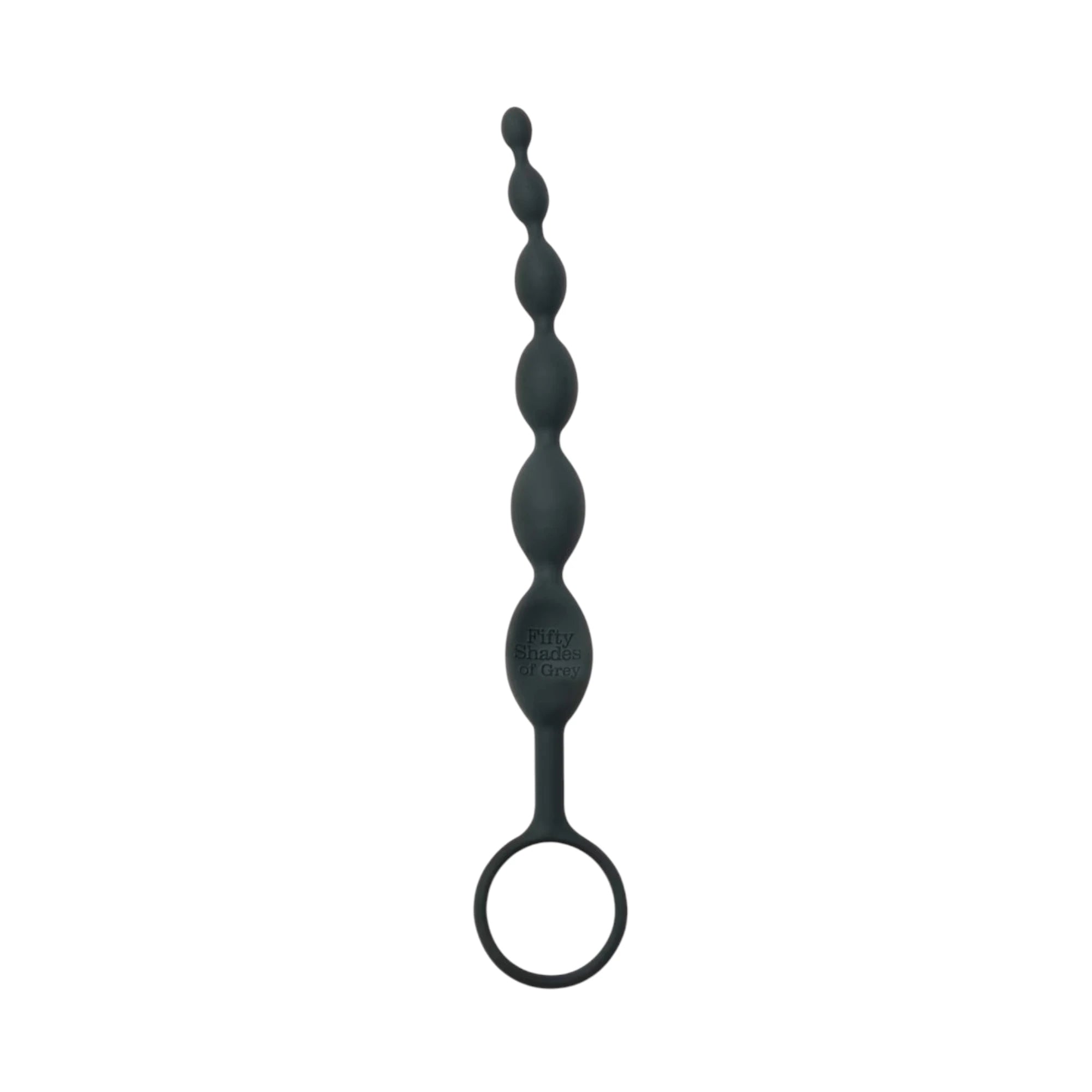 Fifty Shades of Grey Pleasure Intensified silicone anal beads in black shown from front displaying graduated beads stacked vertically, retrieval ring at base, and Fifty Shades of Grey branding against white background