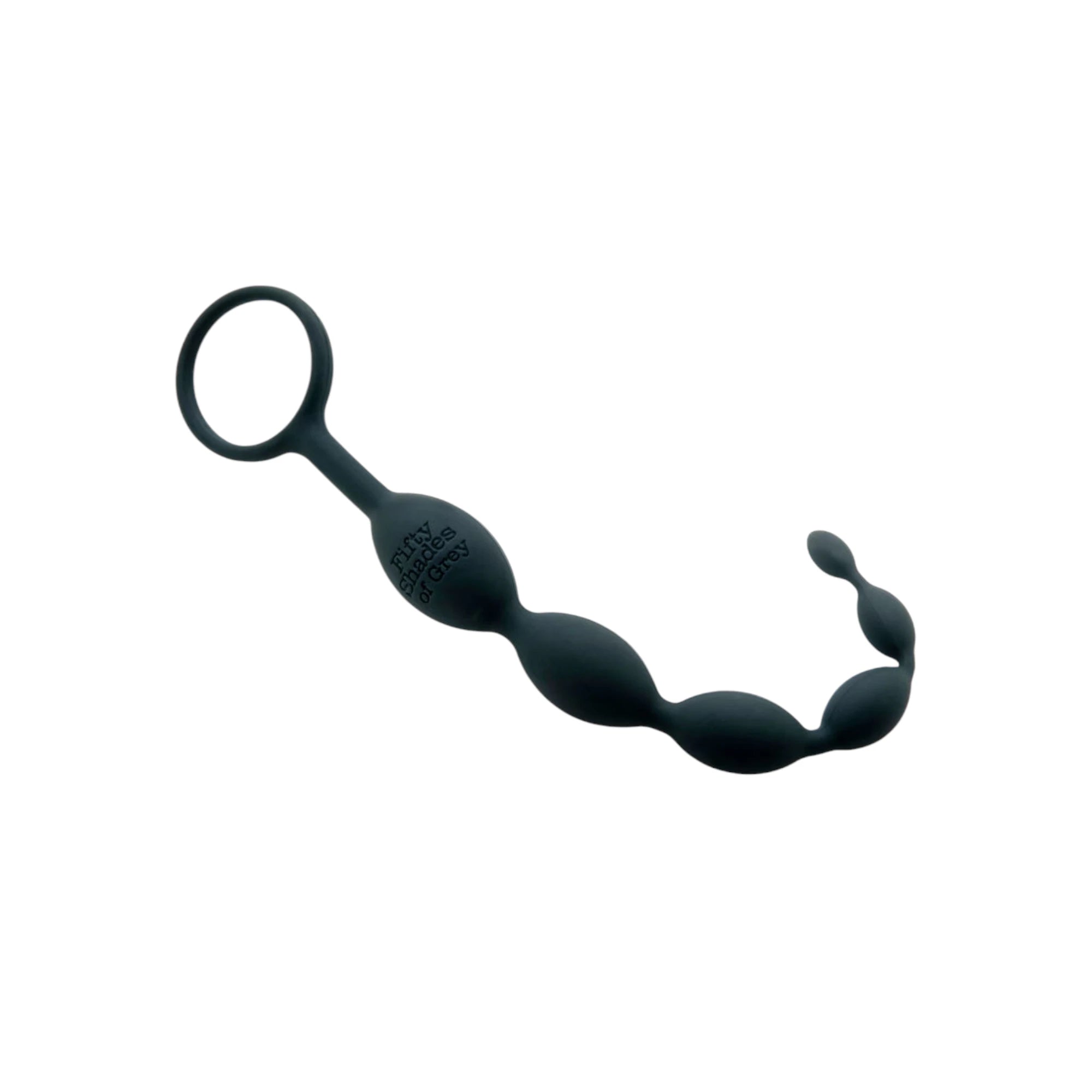 Fifty Shades of Grey Pleasure Intensified silicone anal beads in black shown laid out displaying graduated beads connected by flexible cord, retrieval ring at top, Fifty Shades of Grey branding on largest bead, and smooth silicone finish against white background
