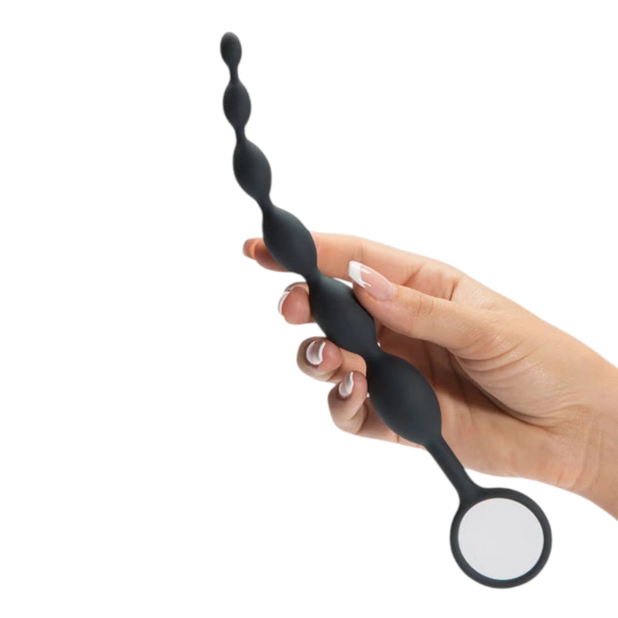 Fifty Shades of Grey Pleasure Intensified silicone anal beads in black held in hand displaying graduated beads stacked vertically, retrieval ring at base, and smooth silicone finish against white background