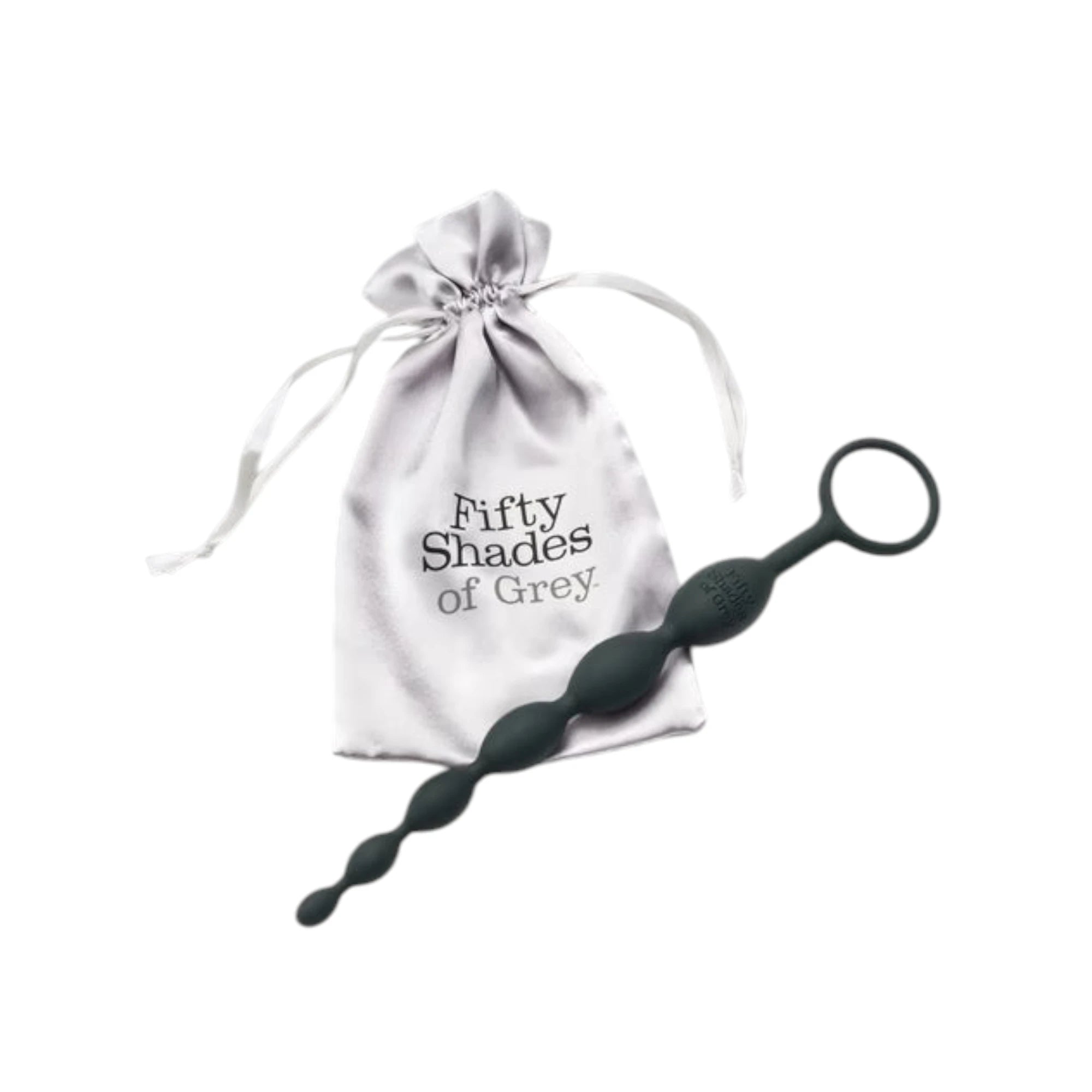 Fifty Shades of Grey Pleasure Intensified silicone anal beads in black displayed with white satin storage pouch featuring drawstring closure and 'Fifty Shades of Grey' branding, showing graduated beads connected by flexible cord and retrieval ring against white background