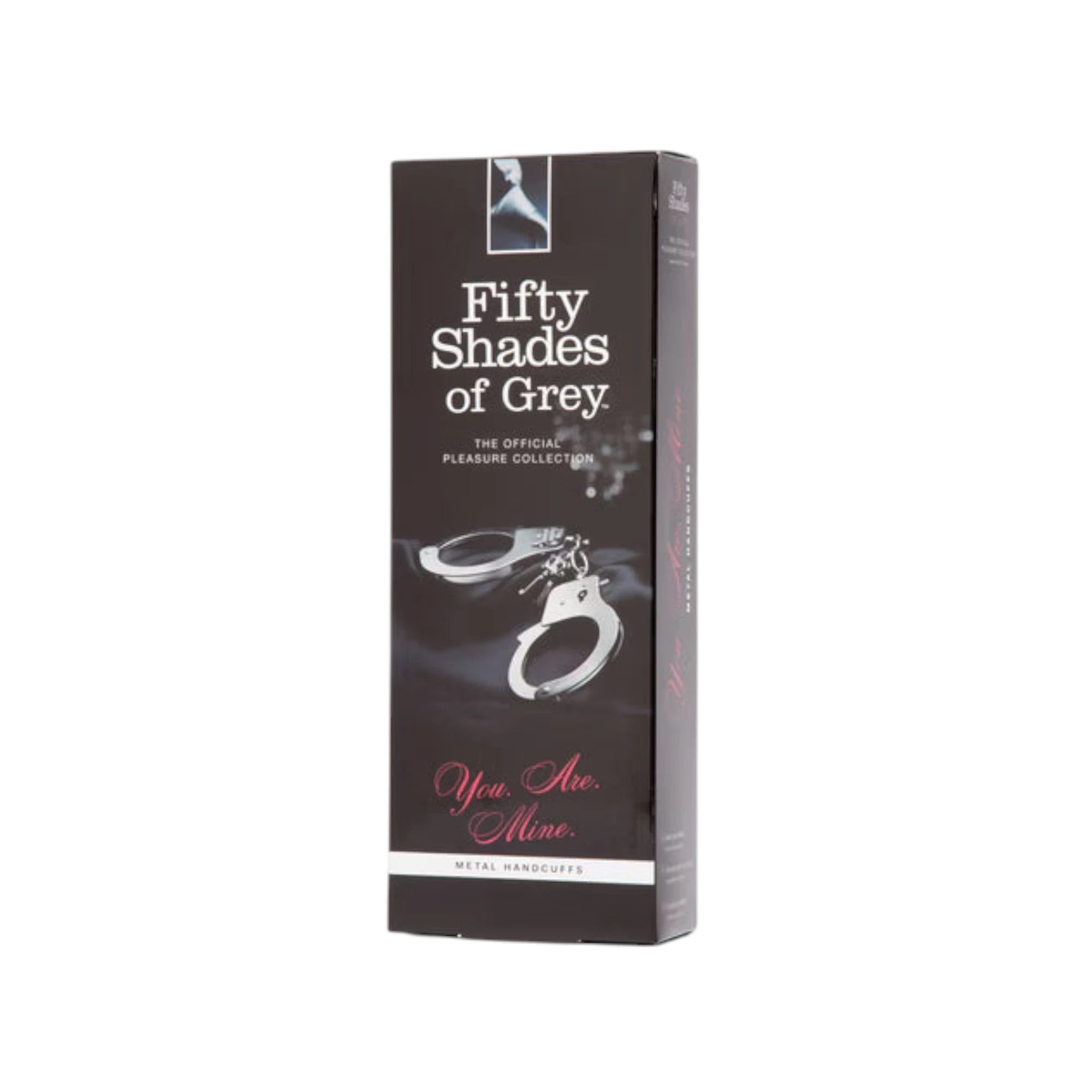 Fifty Shades of Grey You. Are. Mine. metal handcuffs packaging box in dark grey with 'Fifty Shades of Grey The Official Pleasure Collection' branding, product image of connected handcuffs and keys, 'You. Are. Mine.' text in red script, and 'Metal Handcuffs' label against white background