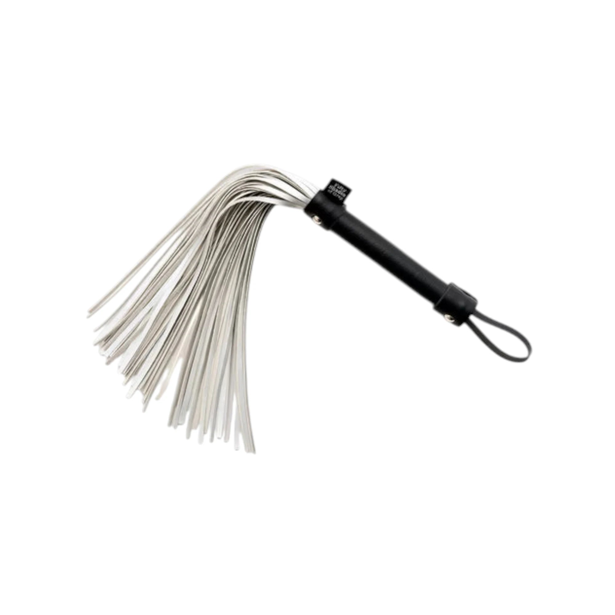 Fifty Shades of Grey Please, Sir black flogger displayed showing black handle with grip texture, silver metal connector, multiple white and grey leather strands, wrist loop, and smooth finish against white background