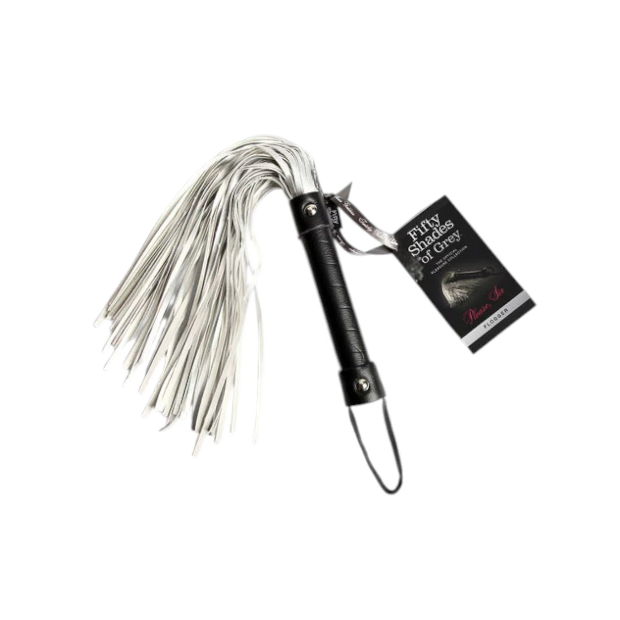Fifty Shades of Grey Please, Sir black flogger displayed with attached product tag showing 'Fifty Shades of Grey' branding and product name, black handle with grip texture, silver metal connector, multiple white and grey leather strands, and wrist loop against white background