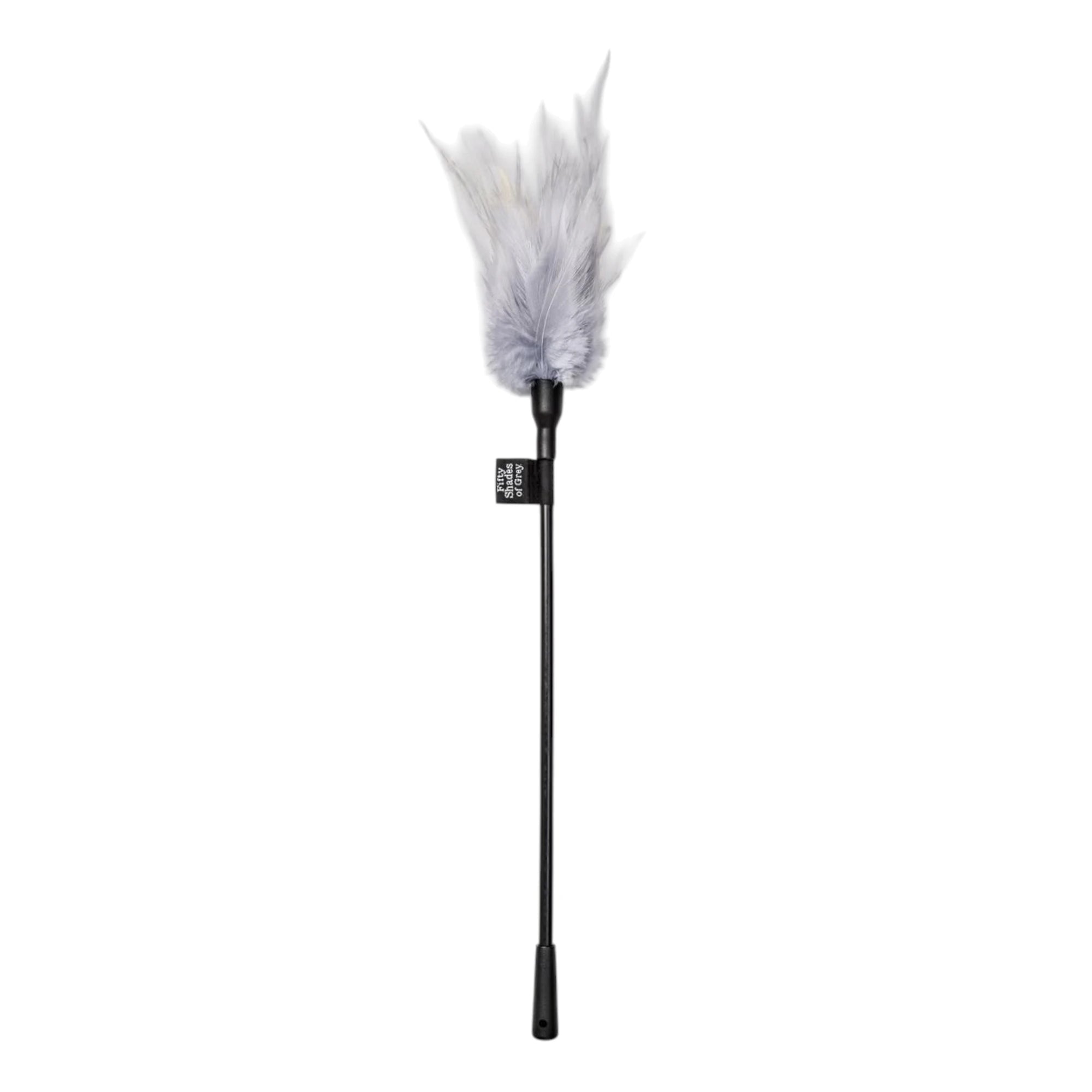 Fifty Shades of Grey Tease feather tickler shown from side displaying white feather plume, black metal handle with Fifty Shades of Grey branding label, and smooth grip against white background