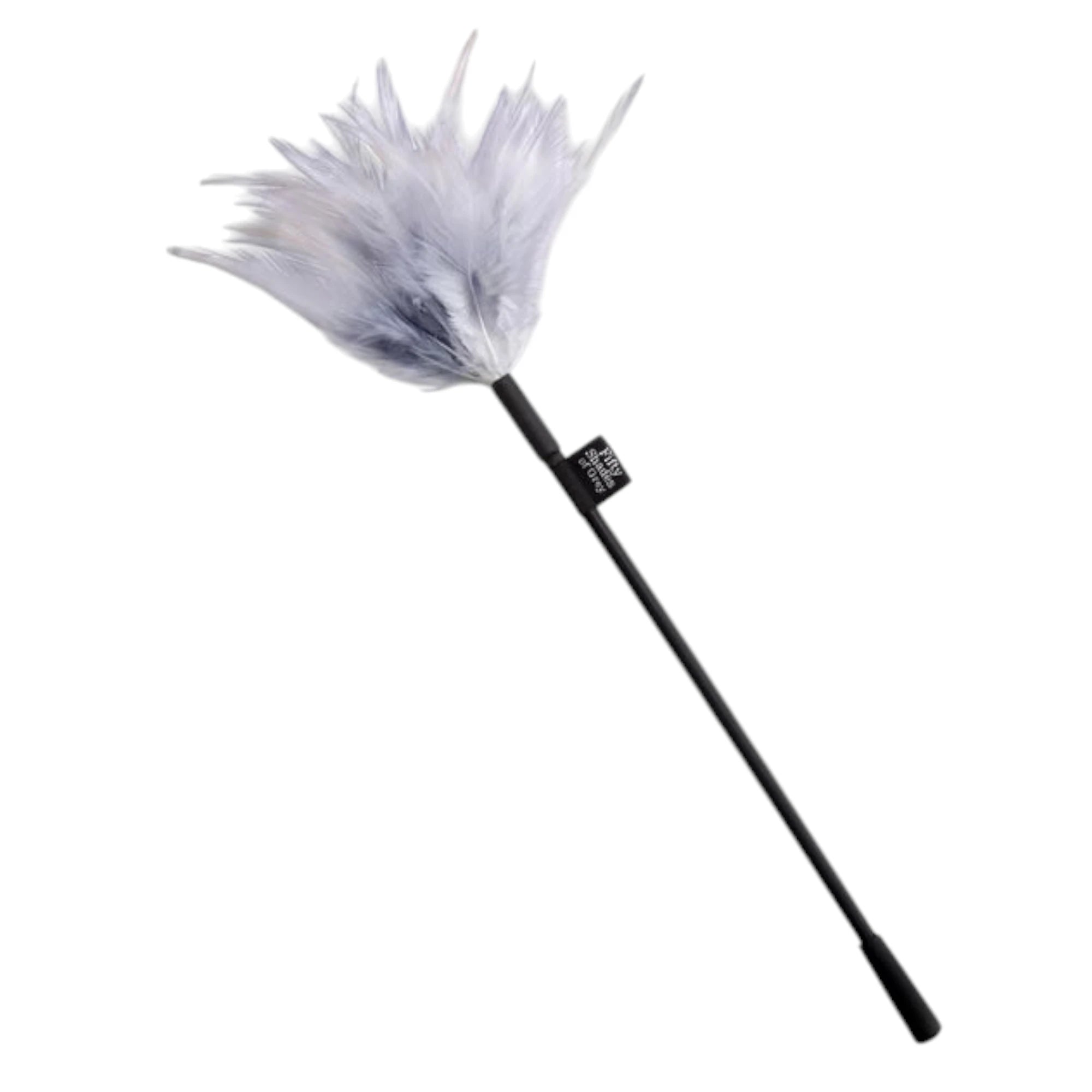 Fifty Shades of Grey Tease feather tickler shown close up displaying white feather plume with layered feathers, black metal handle with Fifty Shades of Grey branding label, and soft feather texture against white background