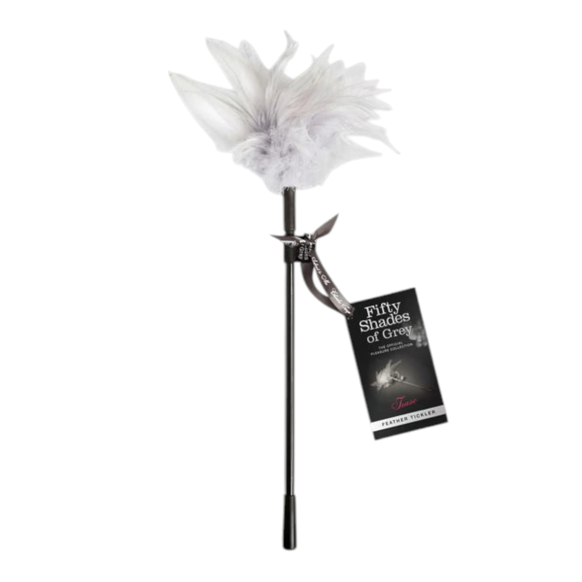 Fifty Shades of Grey Tease feather tickler shown from front displaying white feather plume, black metal handle with silver accents, attached product tag with 'Fifty Shades of Grey' branding and 'Feather Tickler' label against white background