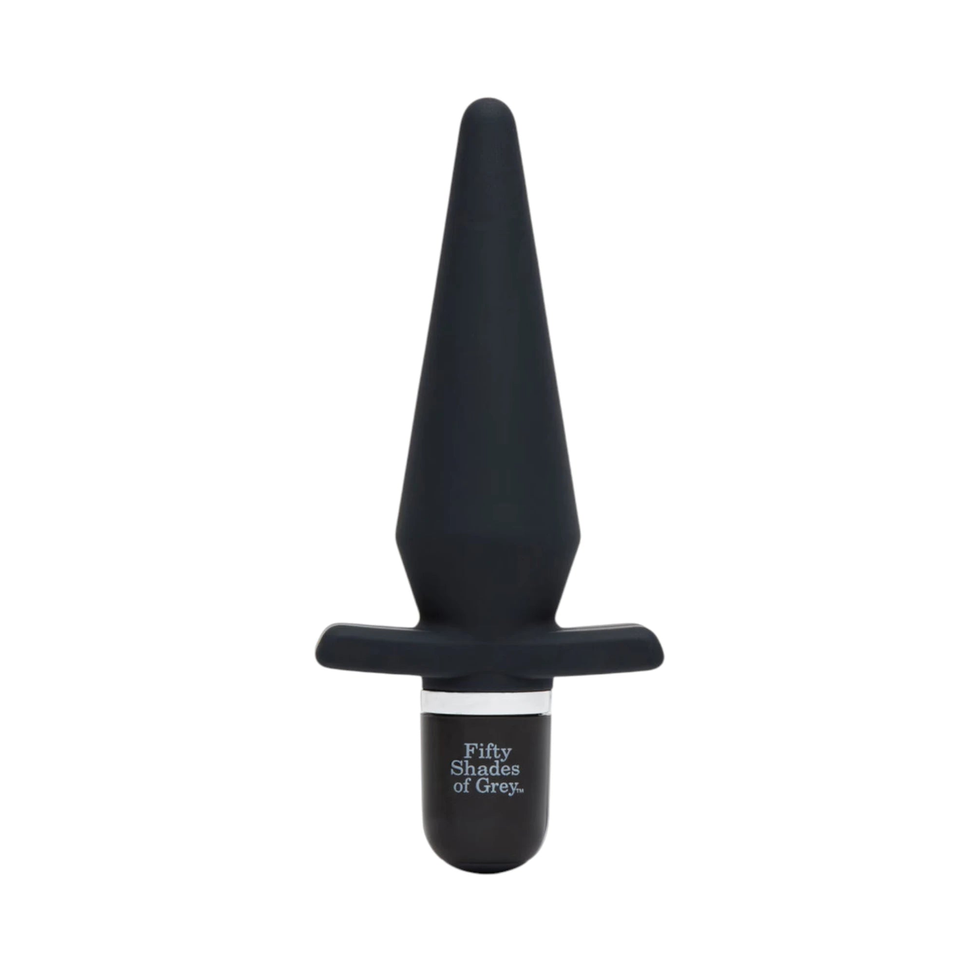 Fifty Shades of Grey Delicious Fullness black vibrating butt plug shown from front displaying tapered pointed tip, smooth silicone body, wide flared base for safety, silver accent band, Fifty Shades of Grey branding on base, and sleek finish against white background