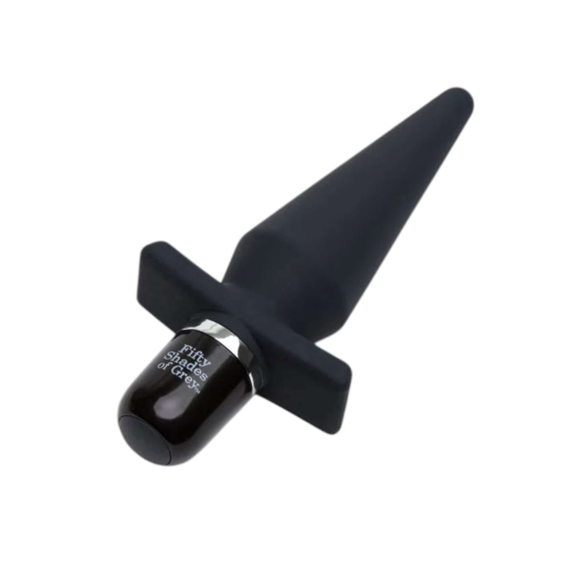 Fifty Shades of Grey Delicious Fullness vibrating butt plug in black silicone shown from front displaying tapered tip, wide flared base, and smooth finish against white background