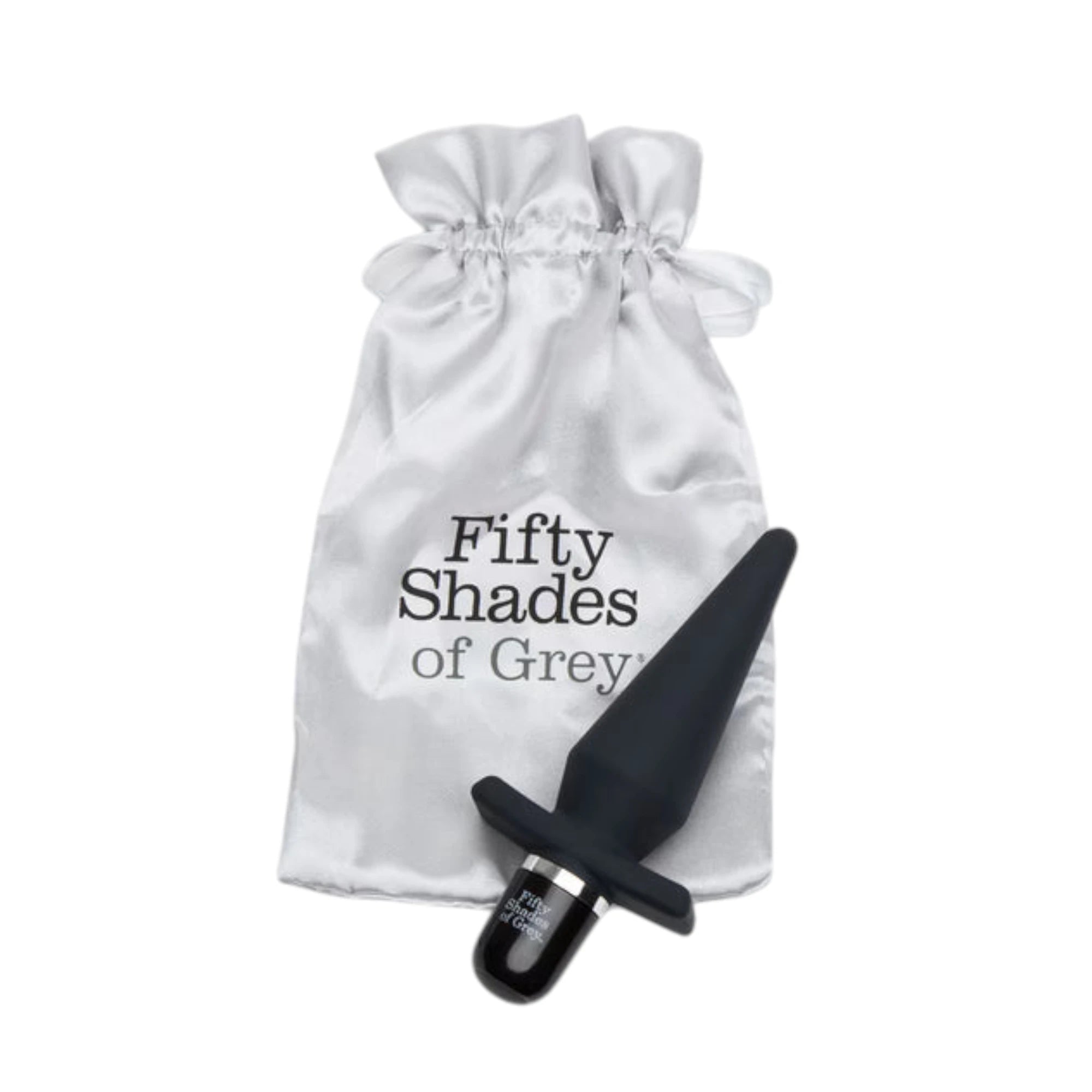 Fifty Shades of Grey Delicious Fullness vibrating butt plug packaging pouch in white satin with drawstring closure and 'Fifty Shades of Grey' branding displayed with black silicone butt plug showing tapered tip, flared base, and control button against white background
