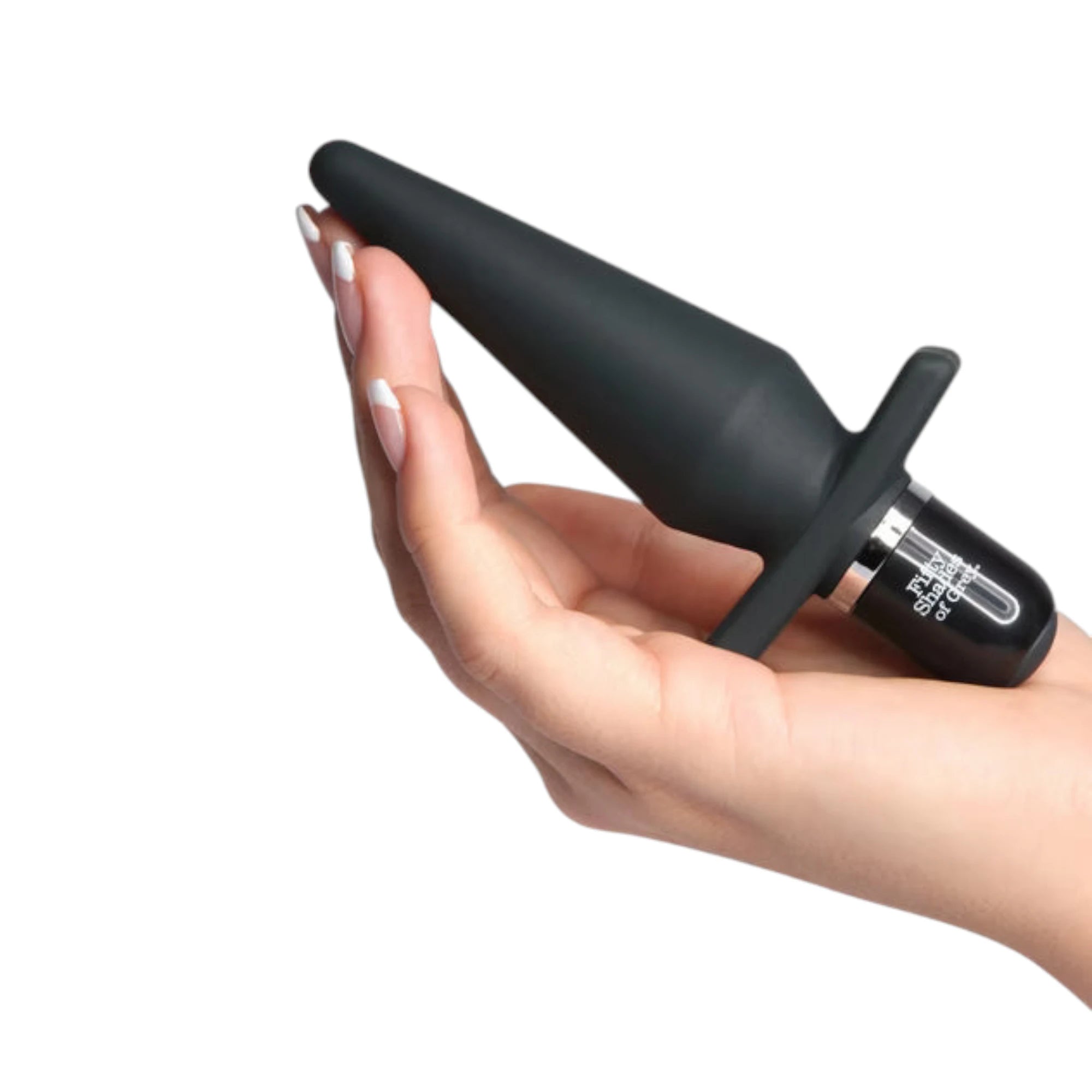 Fifty Shades of Grey Delicious Fullness vibrating butt plug in black silicone held in hand displaying tapered tip, wide flared base, and control button with Fifty Shades of Grey branding against white background