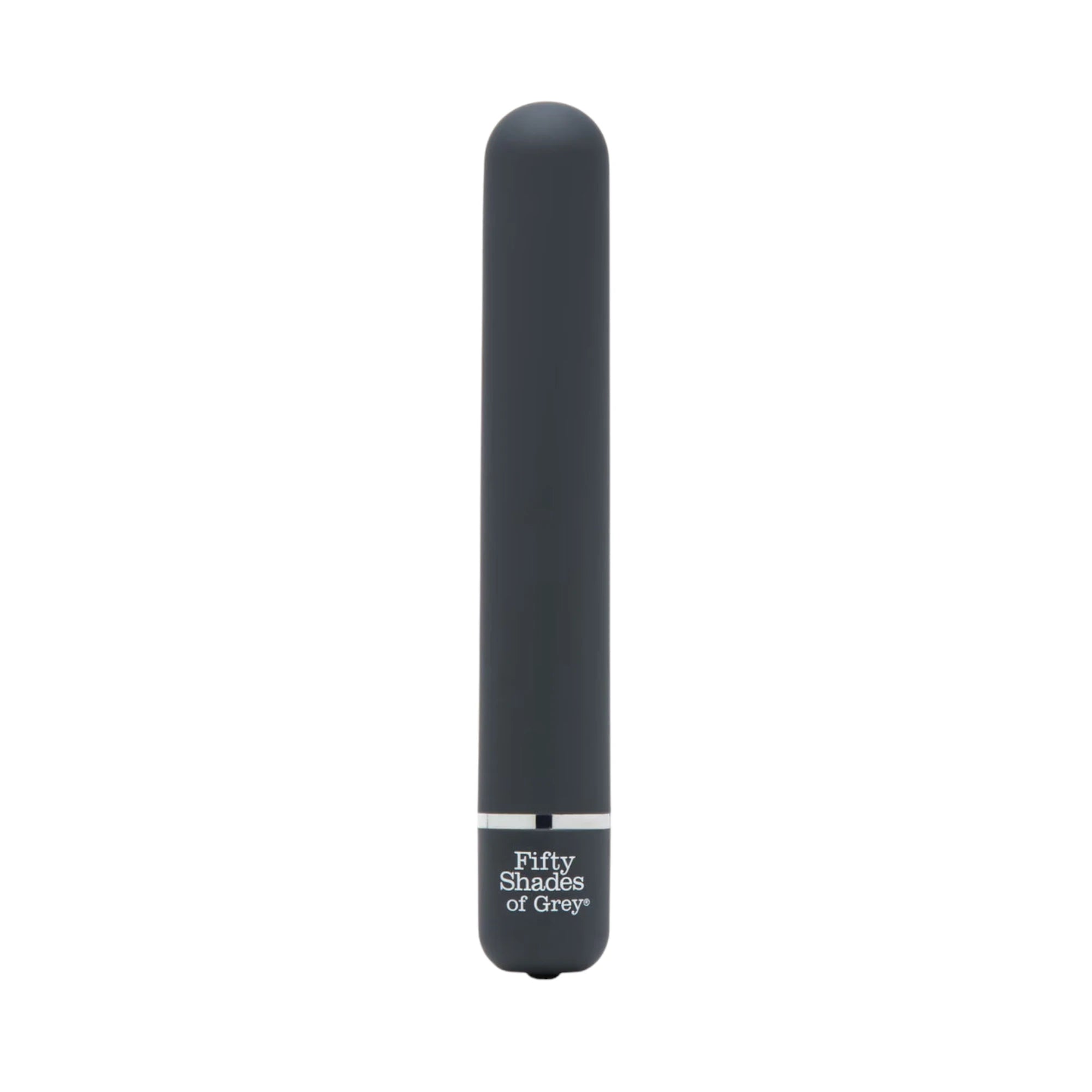 Fifty Shades of Grey Charlie Tango classic vibrator in black shown from front displaying smooth cylindrical shaft, rounded tip, control button at base with Fifty Shades of Grey branding, and silver accent band against white background