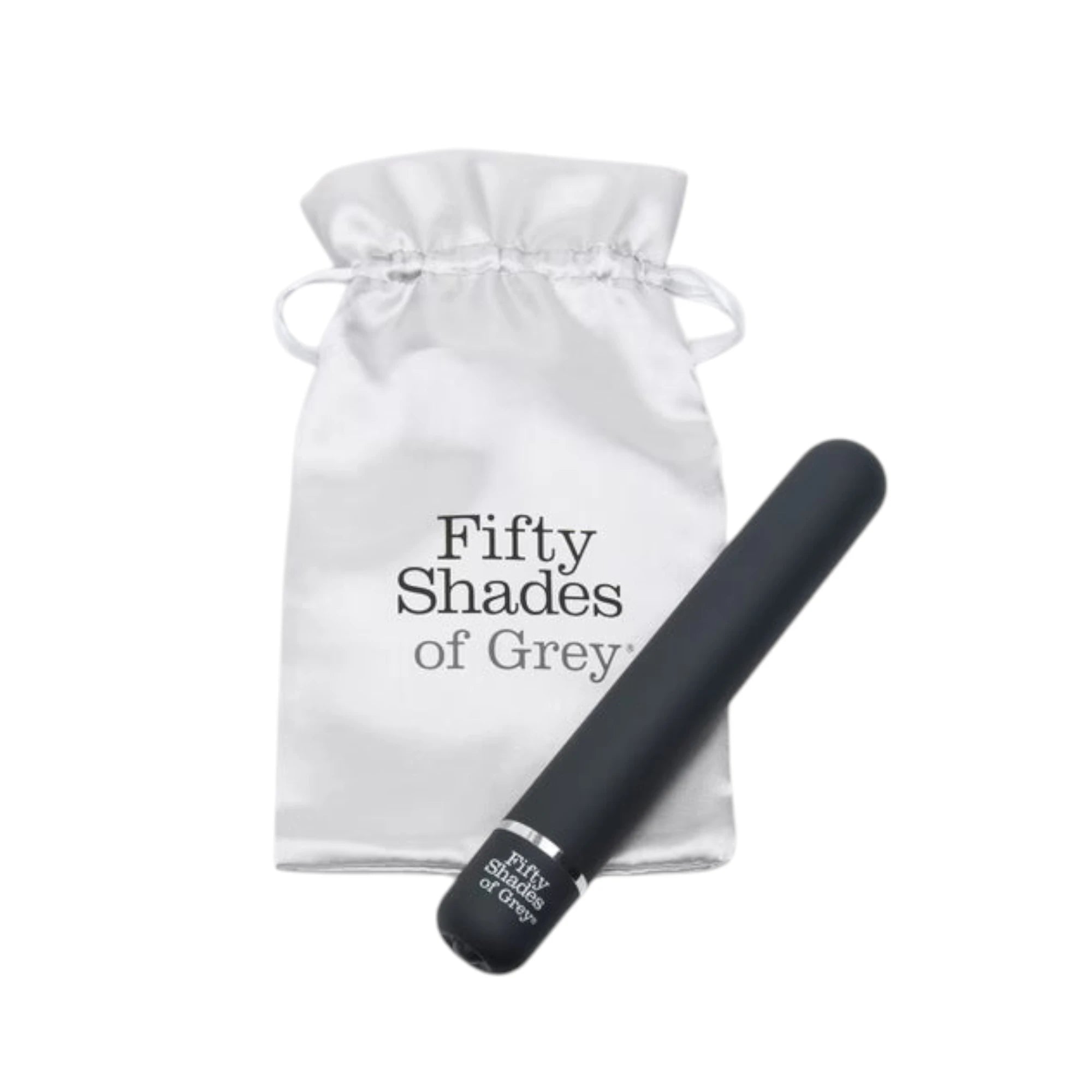 Fifty Shades of Grey Charlie Tango classic vibrator in black displayed with white satin storage pouch featuring drawstring closure and 'Fifty Shades of Grey' branding, showing smooth cylindrical shaft, rounded tip, control button, and silver accent bands against white background