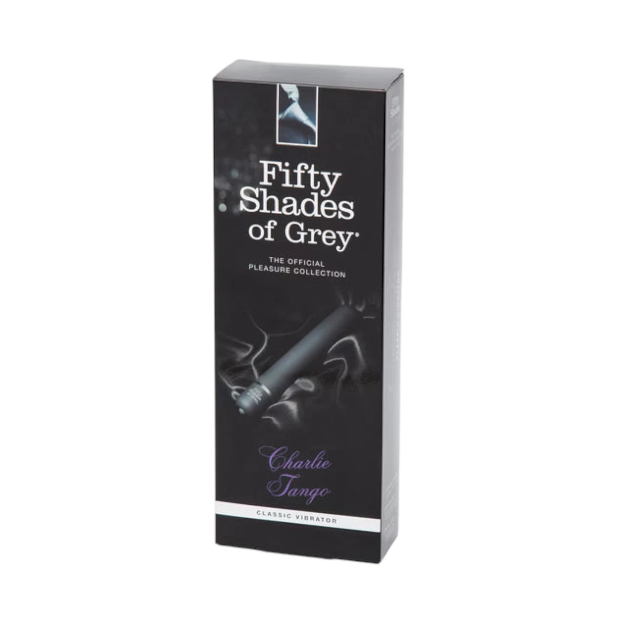 Fifty Shades of Grey Charlie Tango classic vibrator packaging box in dark grey with 'Fifty Shades of Grey The Official Pleasure Collection' branding, product image, 'Charlie Tango' text in purple, and 'Classic Vibrator' label against white background