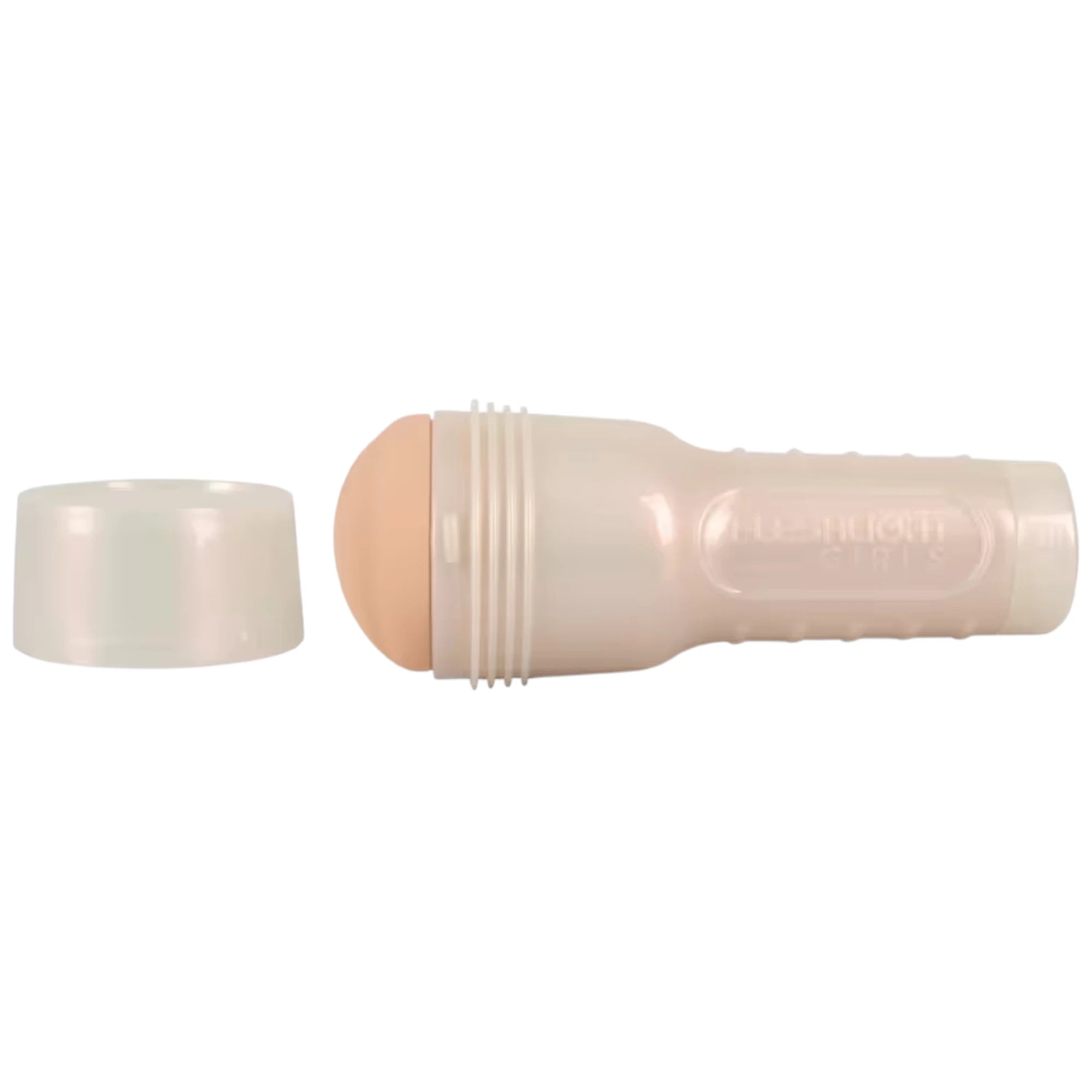 Fleshlight Girls Emma Hix Syrup Texture stroker toy shown with removable white cap displaying white cylindrical case with ribbed grip and textured internal sleeve visible against white background