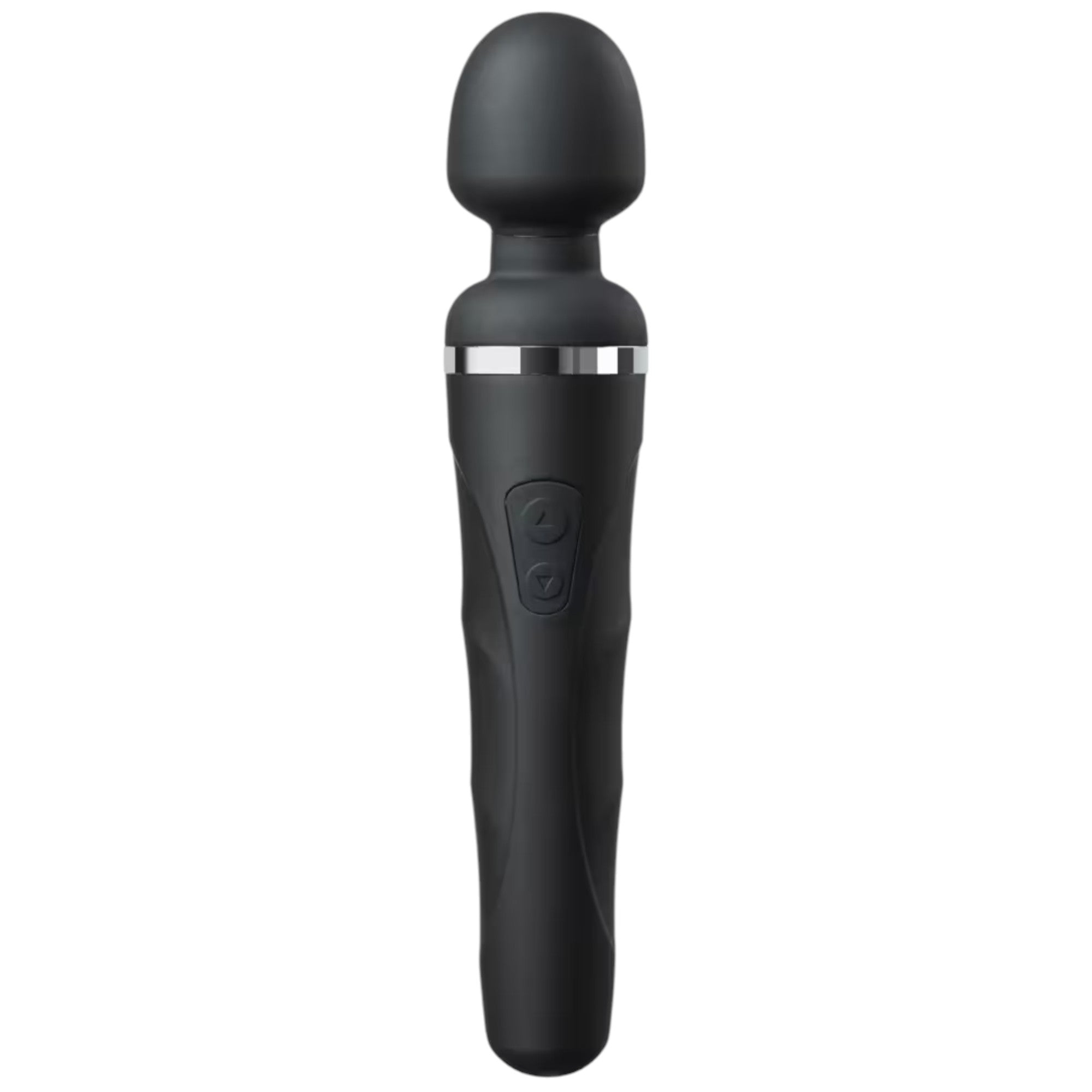 Lovense Domi 2 black rechargeable wand vibrator shown from front displaying rounded head, cylindrical handle with control buttons, silver accent band, smooth silicone finish, and compact design against white background