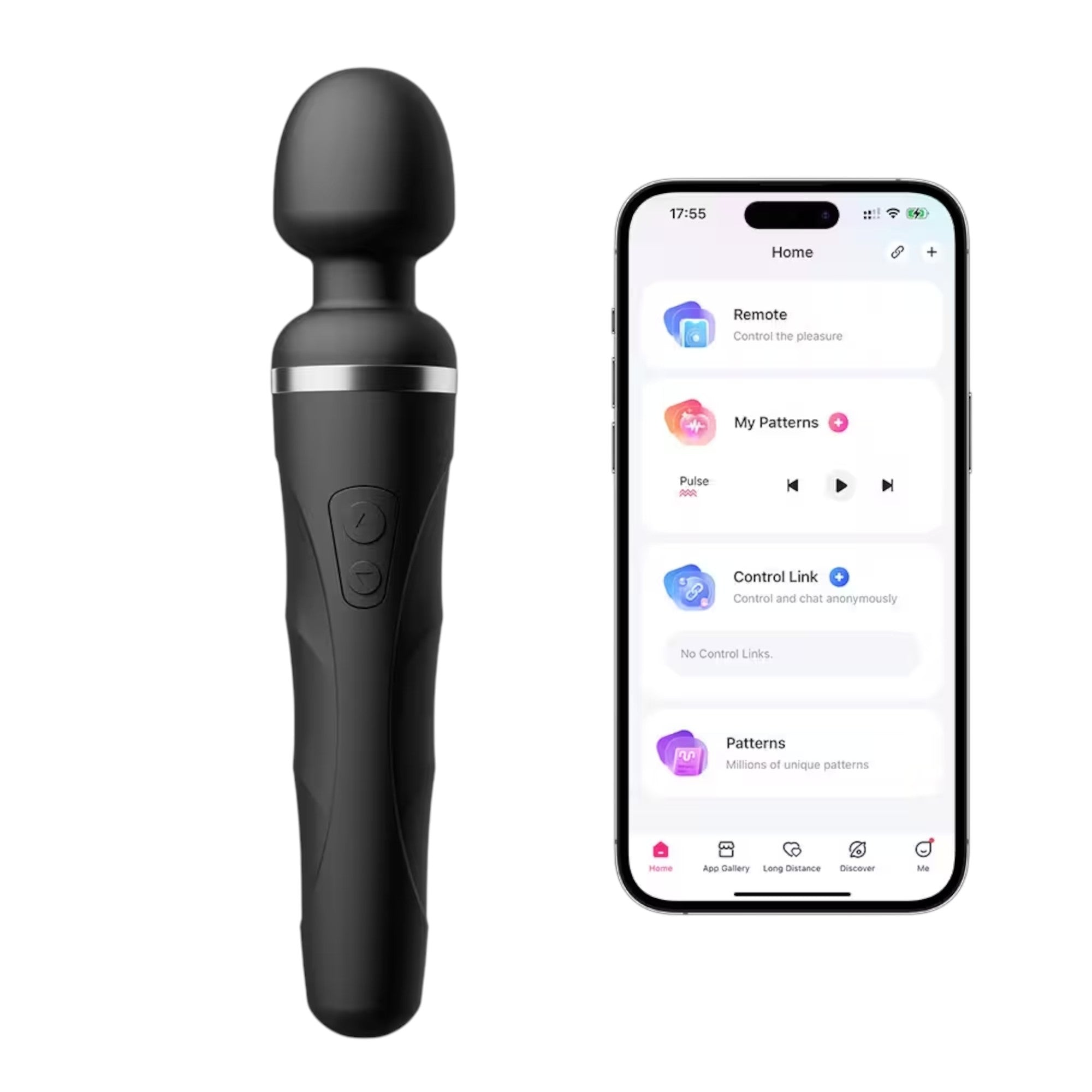 Lovense Domi 2 black rechargeable wand vibrator displayed next to smartphone showing Lovense app home screen with Remote, My Patterns, Control Link, and Patterns options, displaying app interface at 17:55 against white background