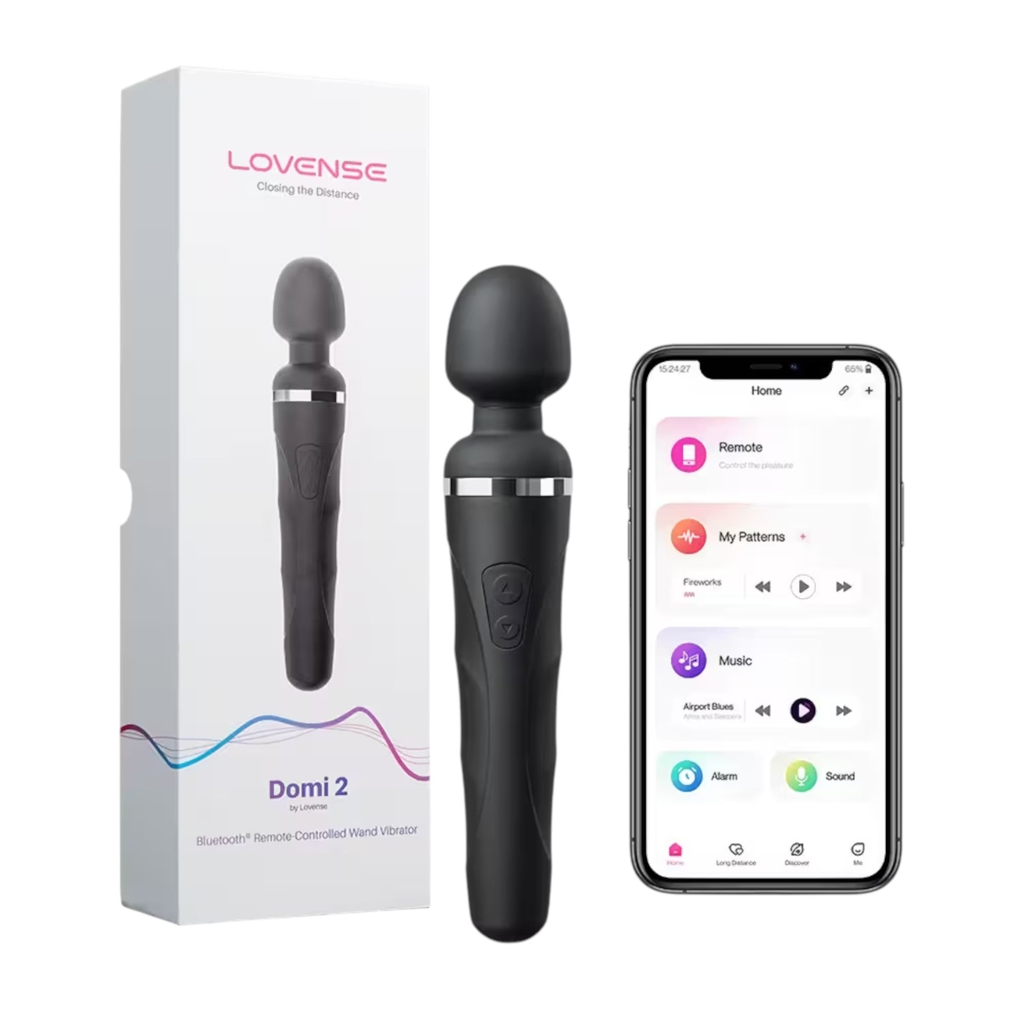 Lovense Domi 2 product display showing white packaging box with Lovense branding and 'Closing the Distance' tagline, black rechargeable wand vibrator with silver accent band, and smartphone displaying Lovense app with Remote, My Patterns, Music, Alarm, and Sound options against white background