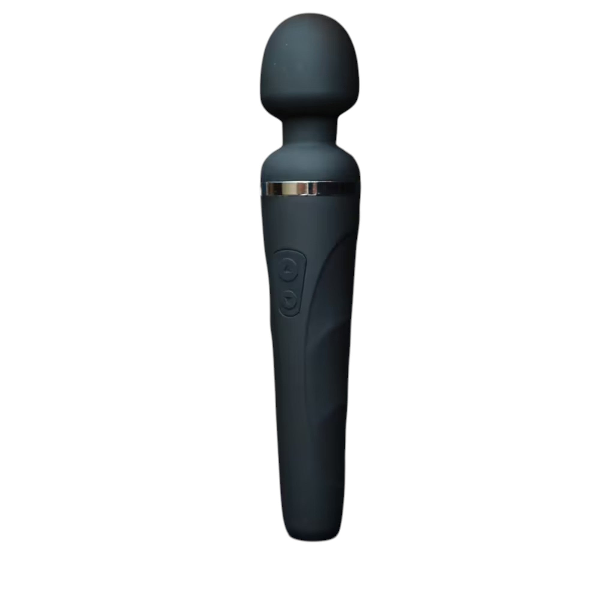 Lovense Domi 2 black rechargeable wand vibrator shown from front displaying rounded bulbous head, cylindrical handle with control buttons, silver metallic accent band, textured grip section, and smooth silicone finish against white background