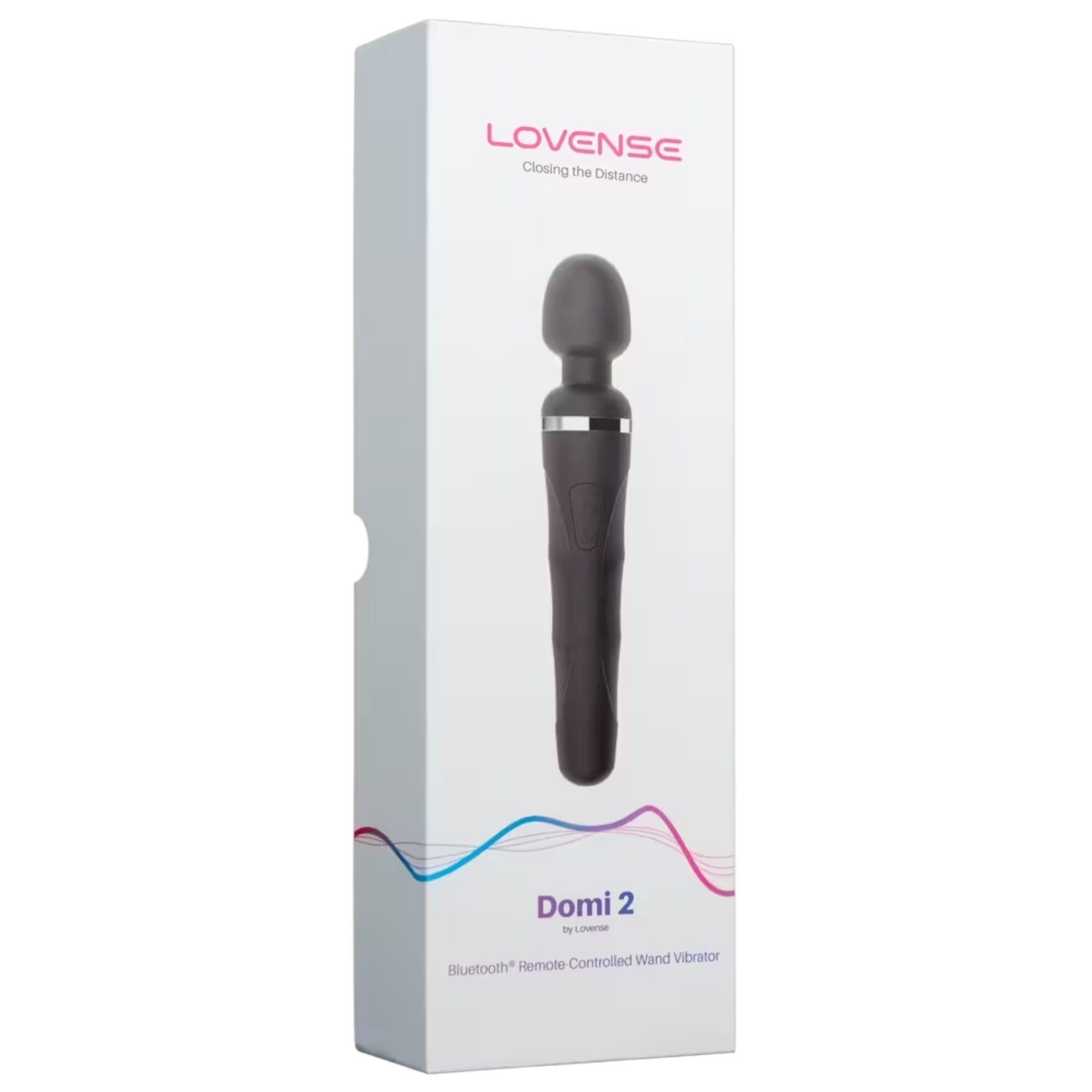 Lovense Domi 2 packaging box shown from front displaying Lovense branding in pink, 'Closing the Distance' tagline, product image of black rechargeable wand vibrator with rounded head and silver accent band, 'Domi 2' product name, 'by Lovense' text, 'Bluetooth Remote-Controlled Wand Vibrator' descriptor, and blue-to-purple gradient wave design against white background