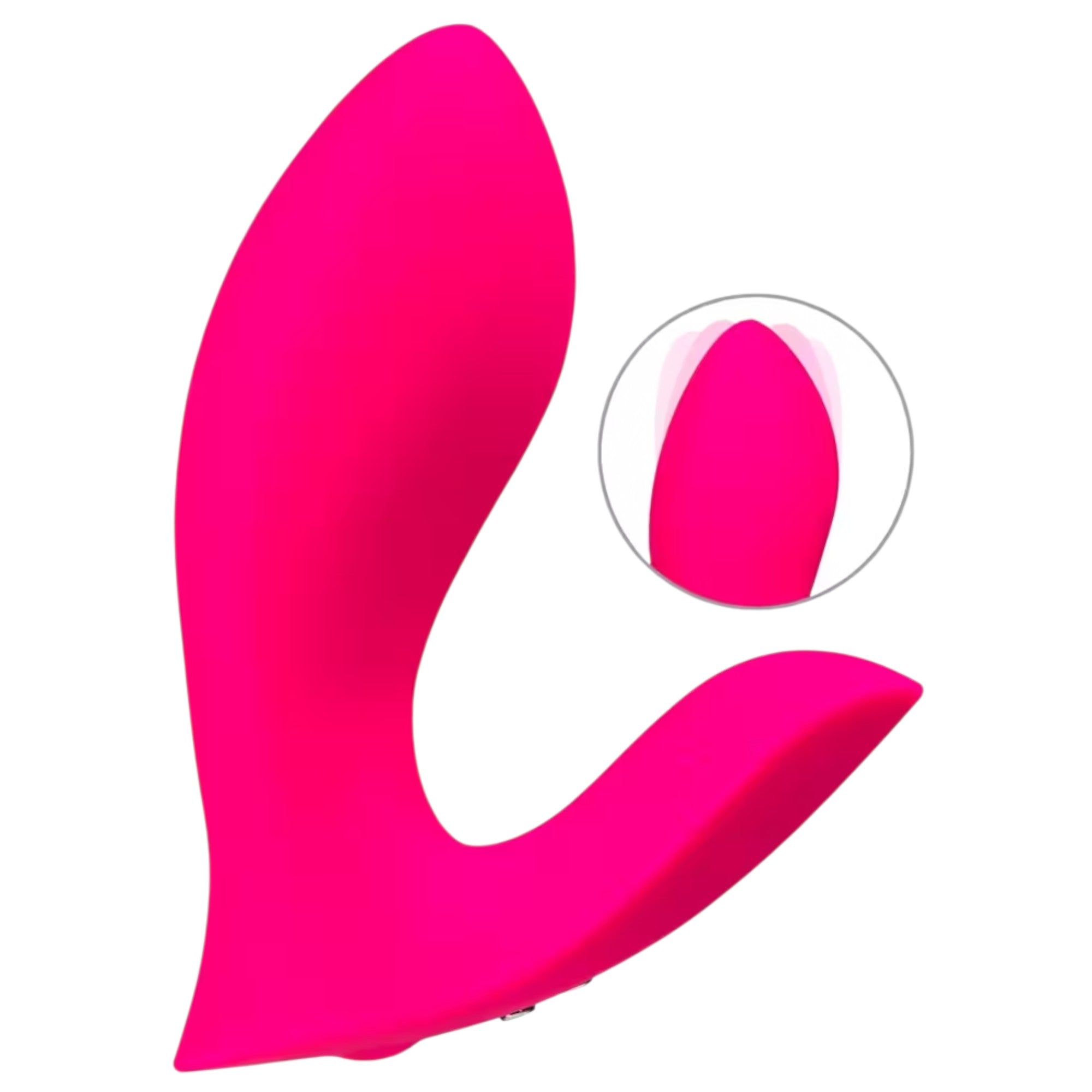 Lovense Flexer hot pink wearable hands-free vibrator displayed showing full product view with curved dual-arm design, rounded clitoral stimulator, internal G-spot arm, smooth silicone finish, and detail circle highlighting clitoral tip against white background