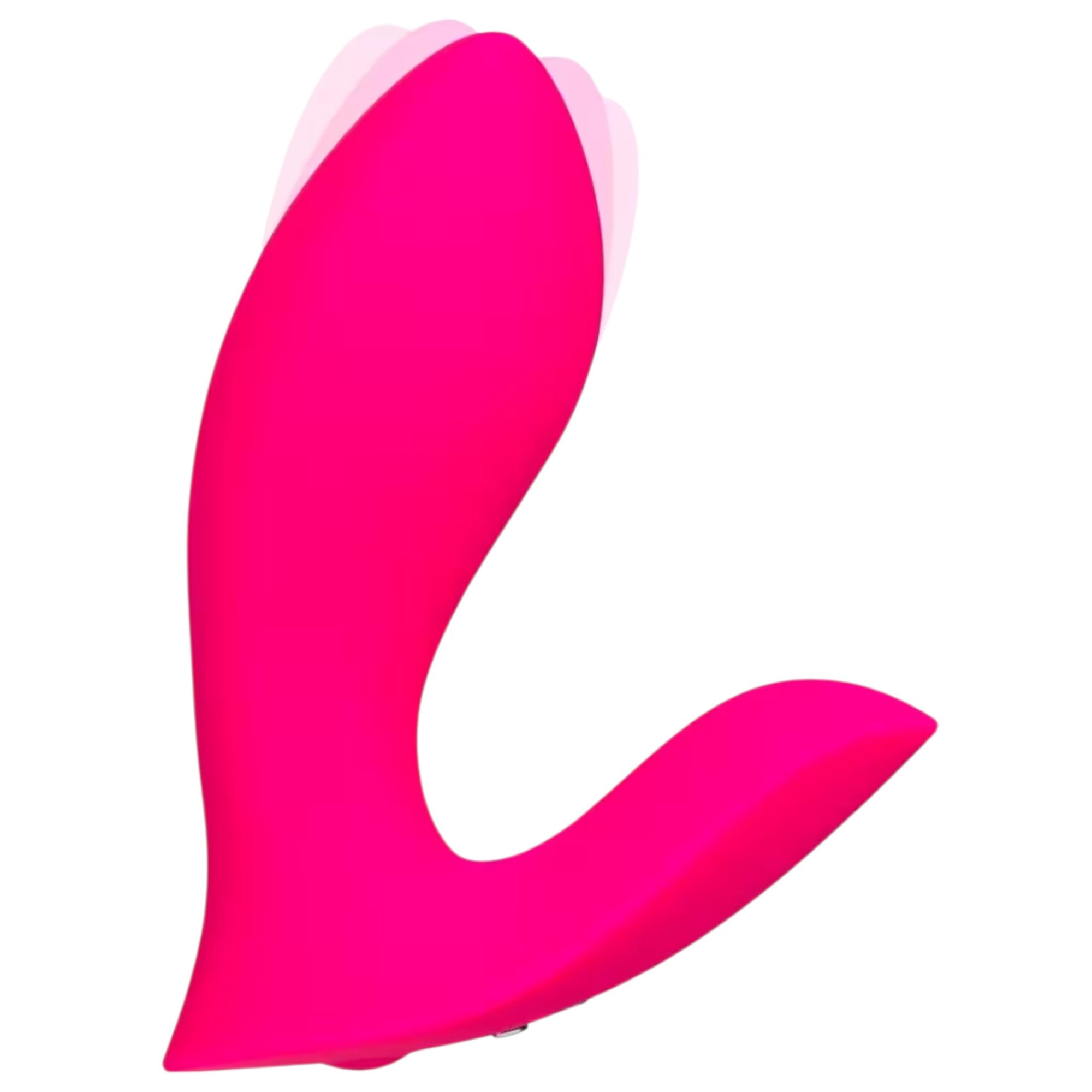 Lovense Flexer hot pink hands-free wearable vibrator displayed at 3/4 angle showing curved dual-arm design, rounded clitoral stimulator, internal G-spot arm, smooth silicone finish, and ergonomic shape against white background