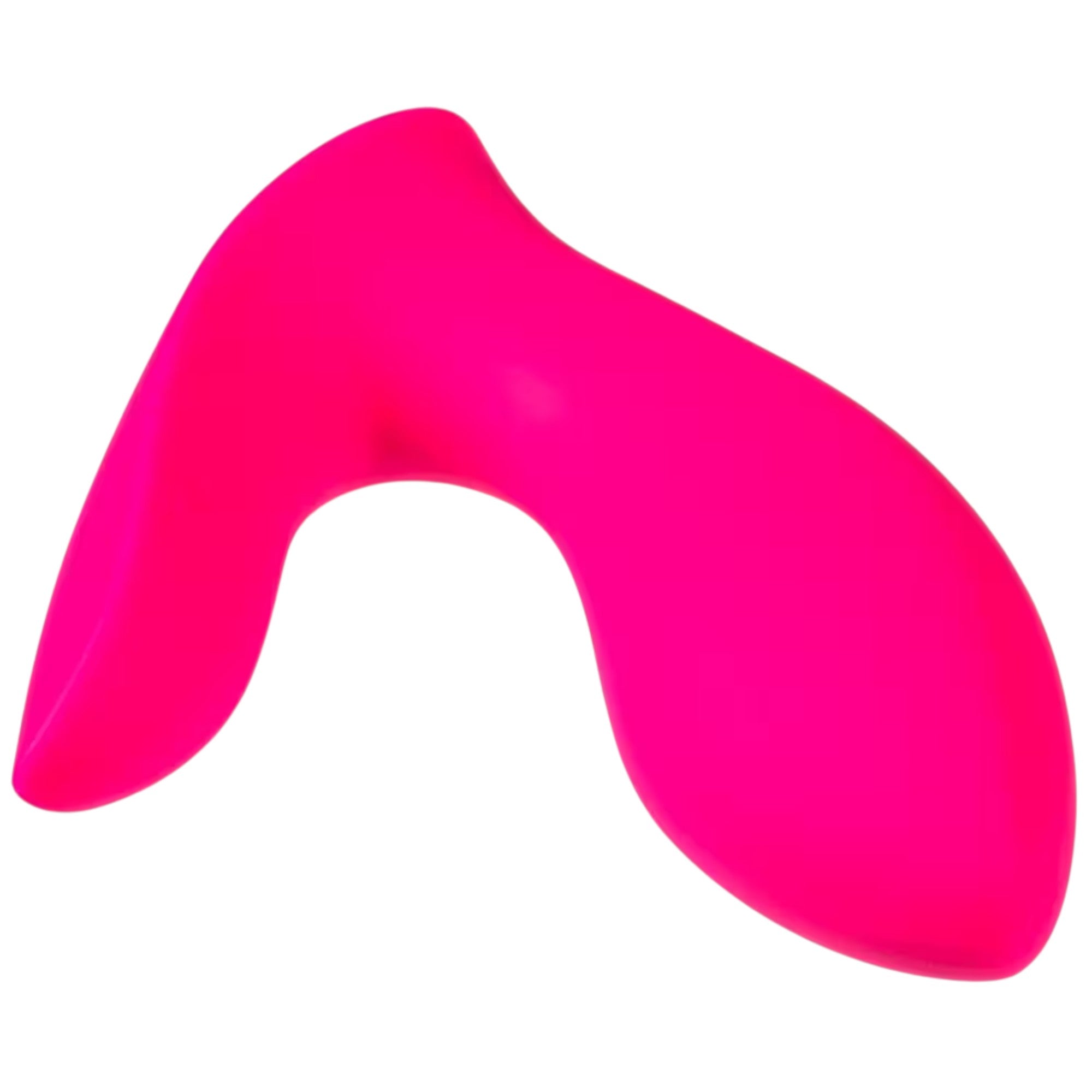 Lovense Flexer hot pink hands-free wearable vibrator shown from above displaying curved U-shape design, dual stimulation arms, rounded clitoral tip, internal G-spot arm opening, and smooth silicone finish against white background
