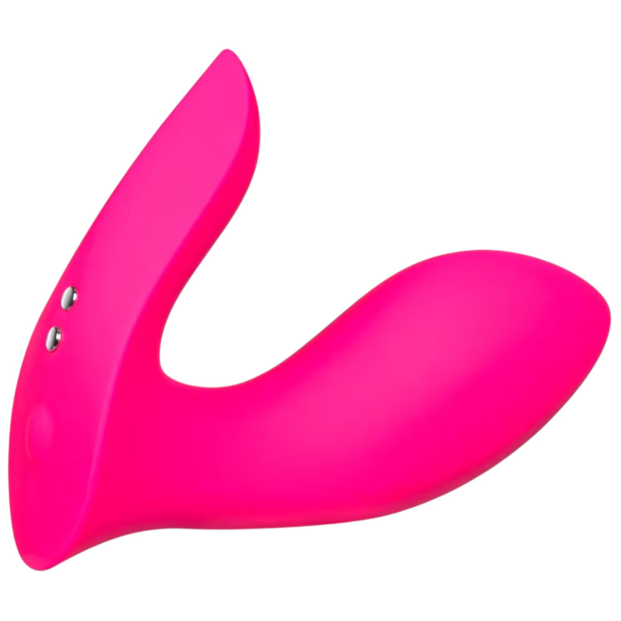 Lovense Flexer hot pink hands-free wearable vibrator shown from side displaying curved dual-arm design, rounded clitoral stimulator, internal G-spot arm, charging contacts, smooth silicone finish, and ergonomic profile against white background