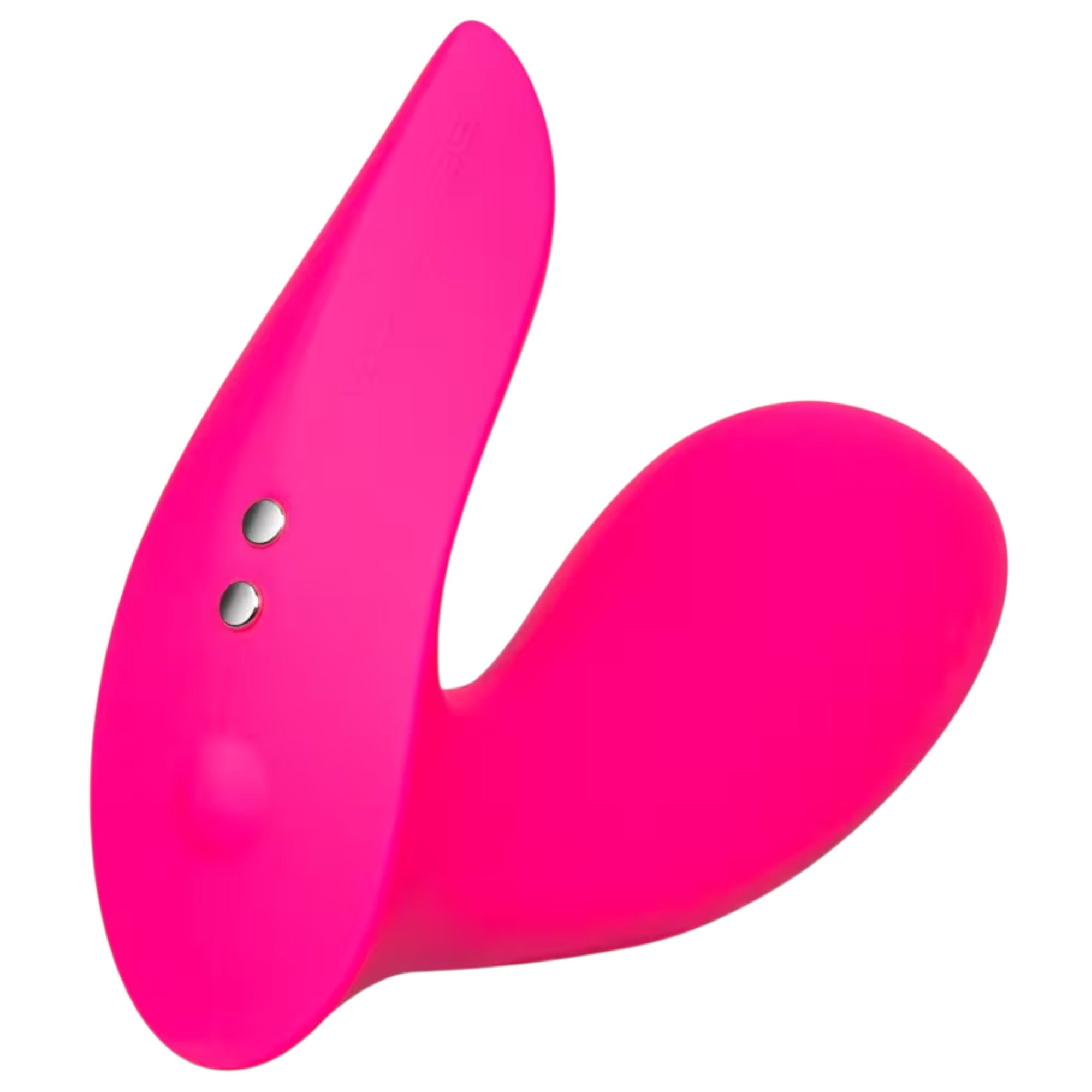 Lovense Flexer hot pink hands-free wearable vibrator shown from front at slight angle displaying curved dual-arm design, rounded clitoral stimulator, internal G-spot arm, two metal charging contacts, smooth silicone finish, and ergonomic shape against white background