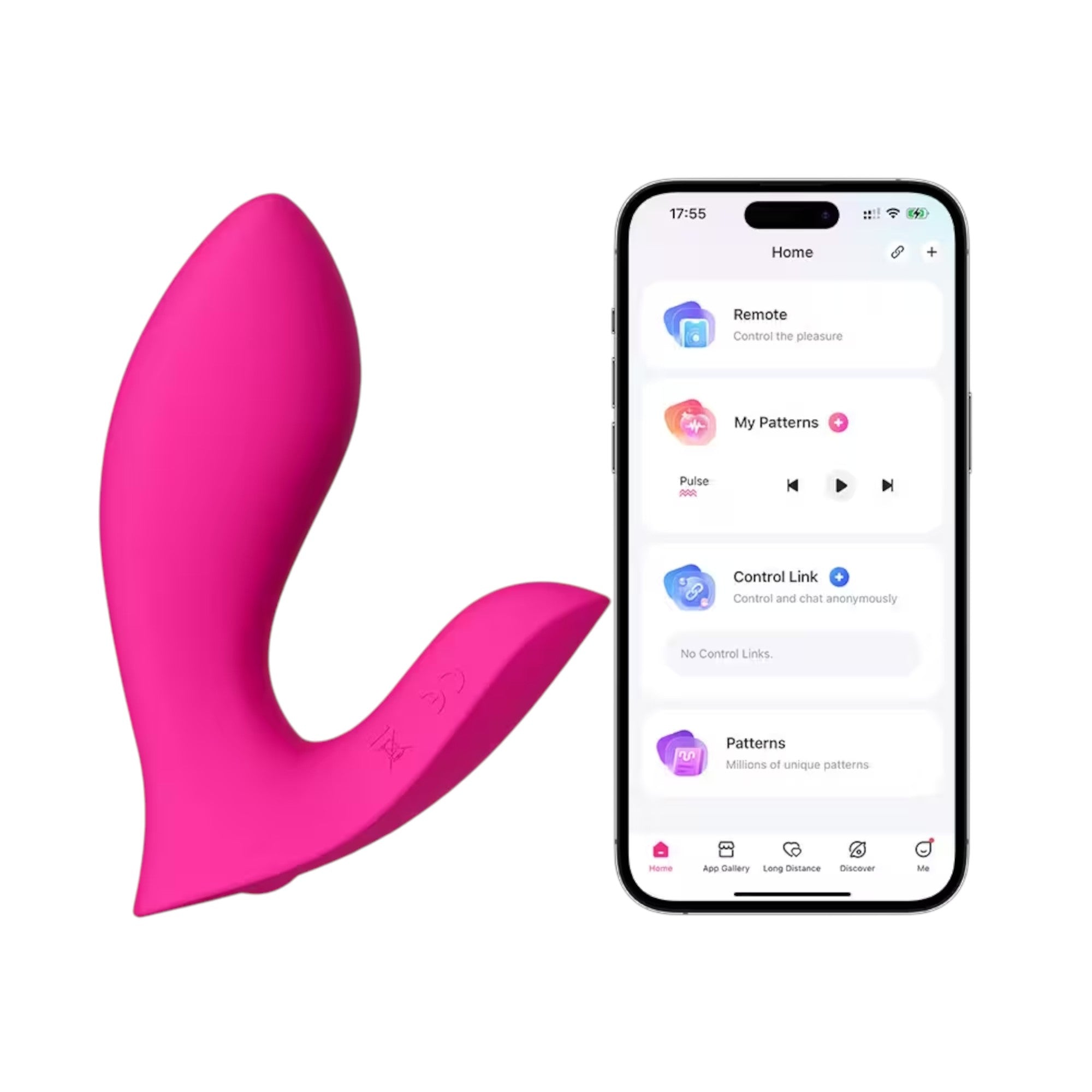 Lovense Flexer hot pink hands-free wearable vibrator displayed next to smartphone showing Lovense app home screen with Remote, My Patterns, Control Link, and Patterns options, displaying app interface at 17:55 against white background