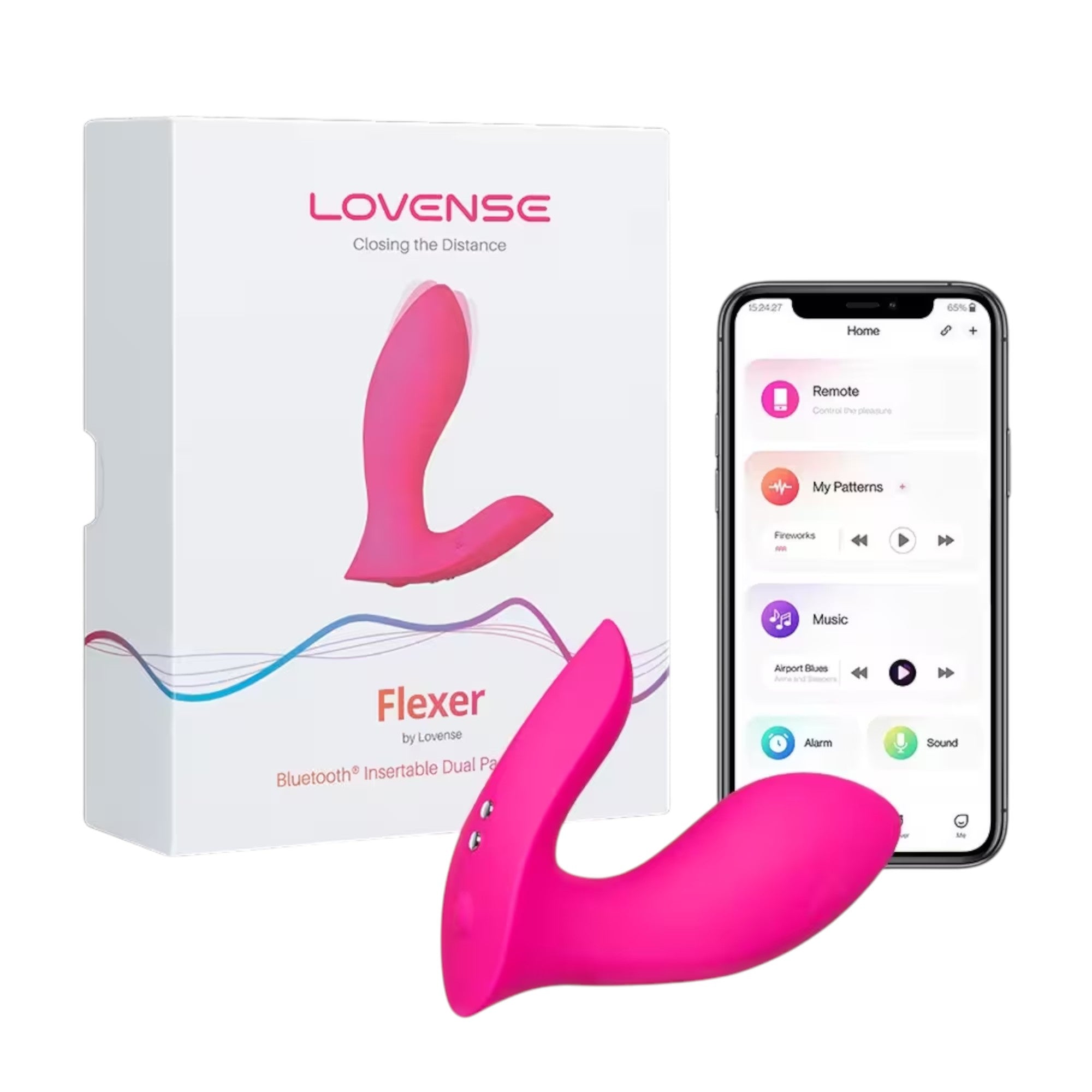 Lovense Flexer product display showing white packaging box with Lovense branding and 'Closing the Distance' tagline, hot pink hands-free wearable vibrator, and smartphone displaying Lovense app with Remote, My Patterns, Music, Alarm, and Sound options against white background