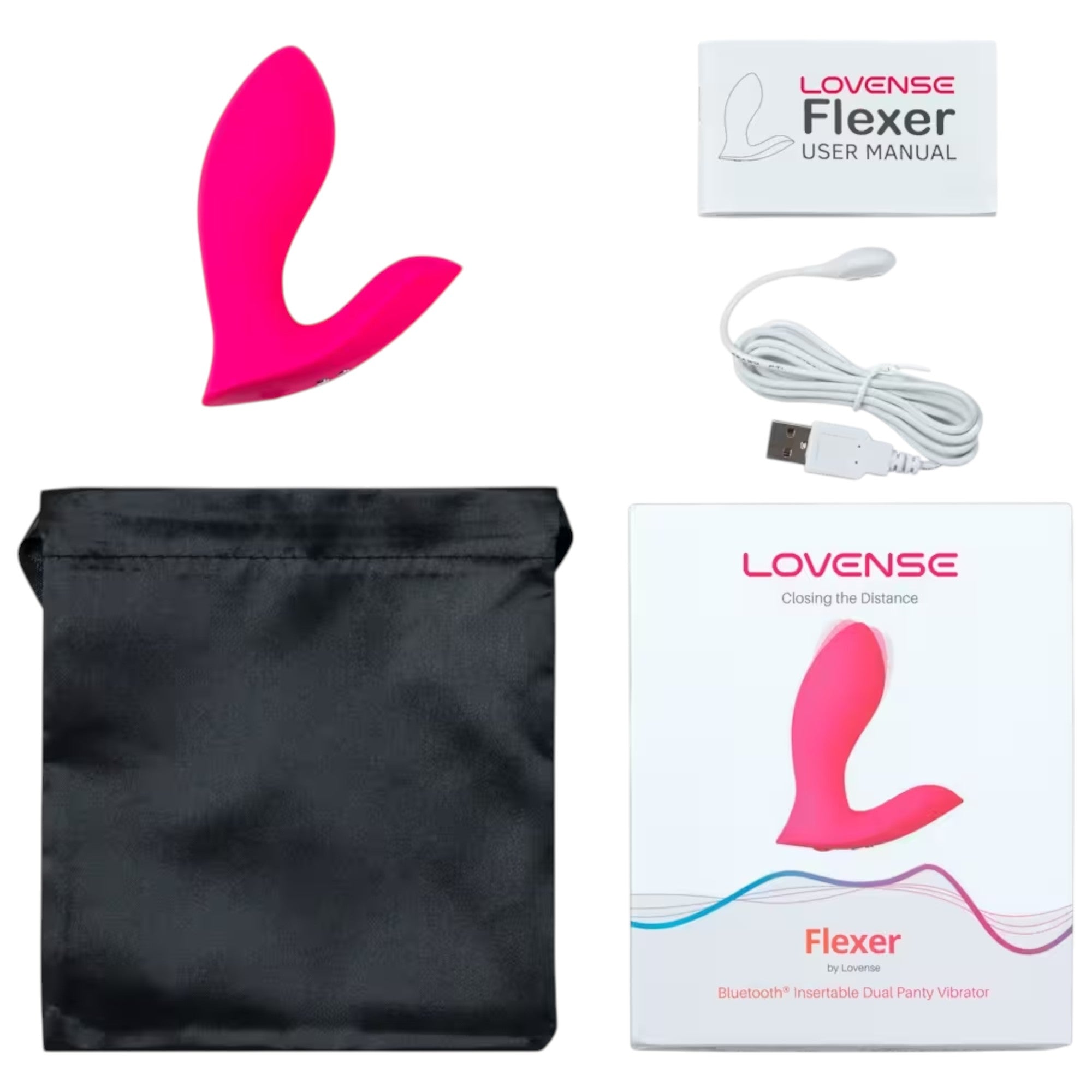 Lovense Flexer complete set displayed flat lay showing hot pink hands-free wearable vibrator, white USB charging cable, Lovense Flexer user manual booklet, black storage pouch, and Flexer product box with Lovense branding, 'Closing the Distance' tagline, and 'Bluetooth Insertable Dual Panty Vibrator' descriptor against white background