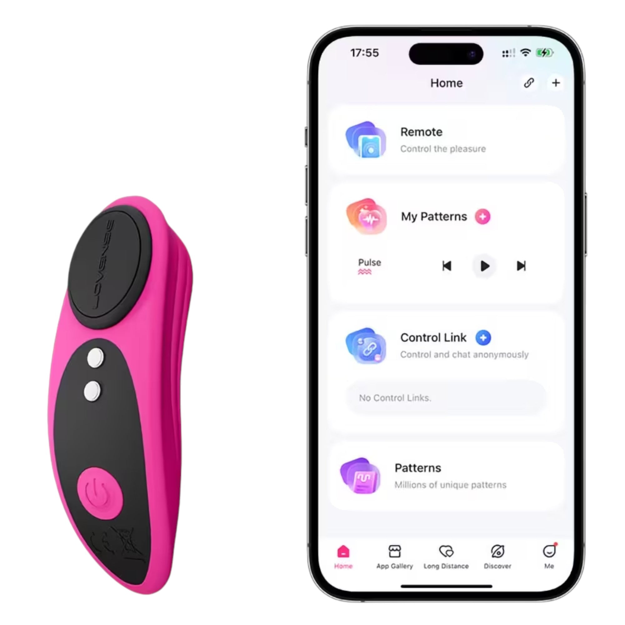 Lovense Ferri hot pink and black wearable vibrator displayed next to smartphone showing Lovense app home screen with Remote, My Patterns, Control Link, and Patterns options, displaying app interface at 17:55 against white background