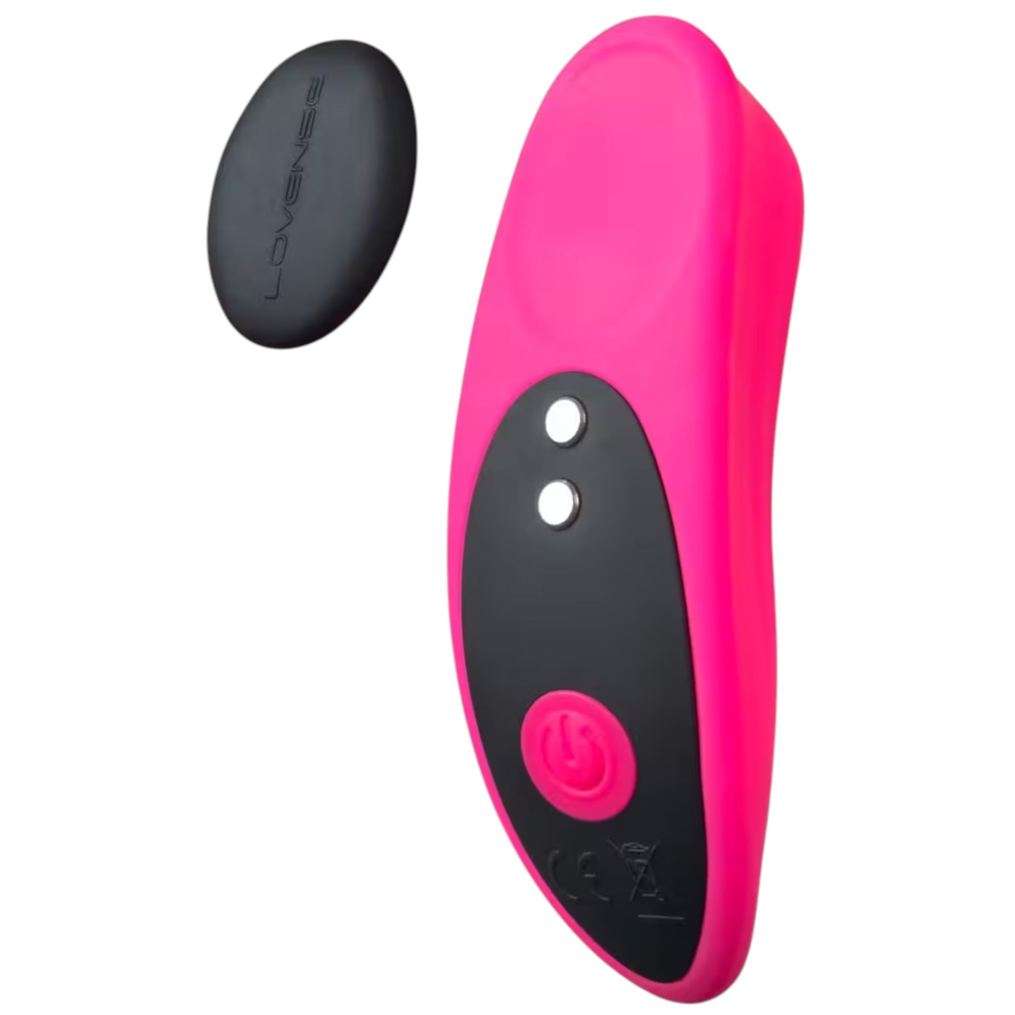 Lovense Ferri hot pink and black wearable vibrator displayed with black oval remote control shown from front, displaying curved ergonomic body, dual-tone design, control panel with two white buttons and pink power button, and Lovense branding on remote against white background