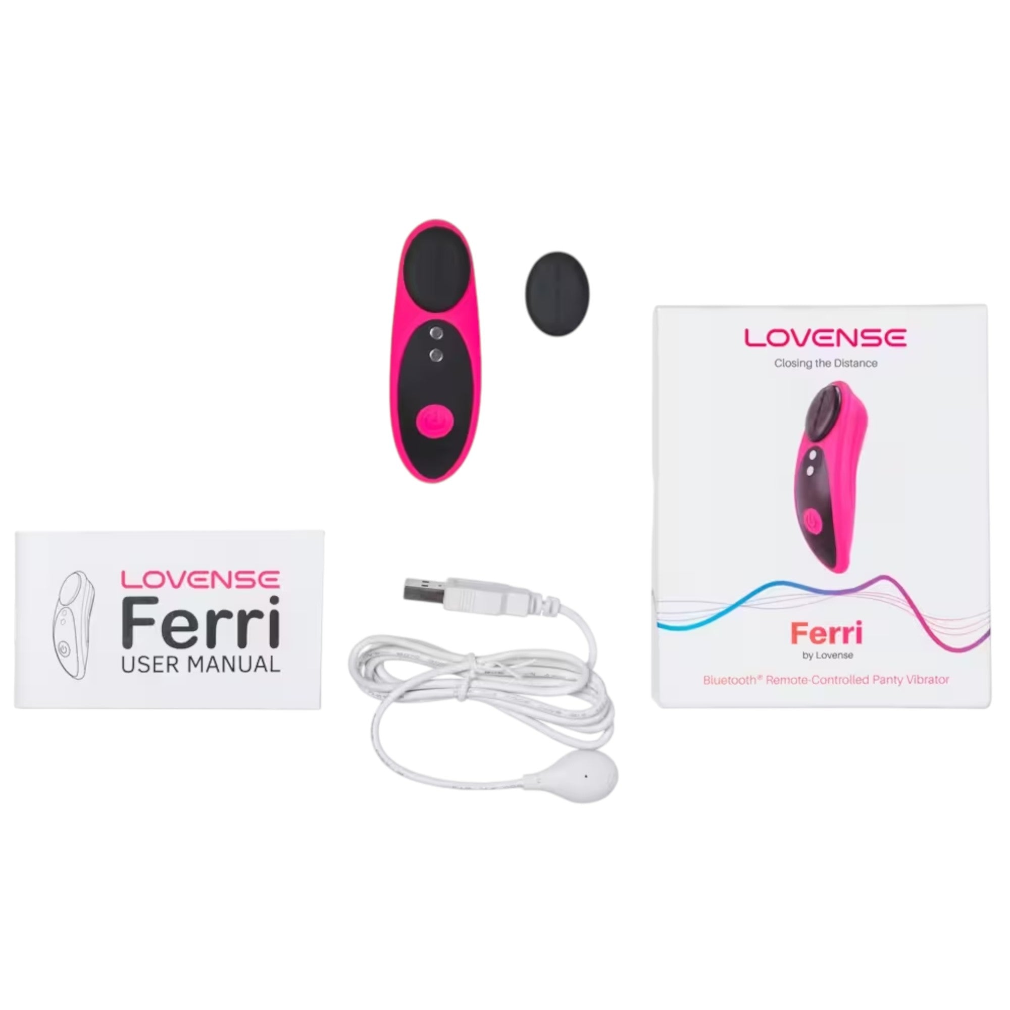 Lovense Ferri complete set displayed flat lay showing hot pink and black wearable vibrator, black oval remote control, white USB charging cable, Lovense Ferri user manual booklet, and Lovense Ferri product box with 'Closing the Distance' tagline and 'Bluetooth Remote Controlled Panty Vibrator' descriptor against white background