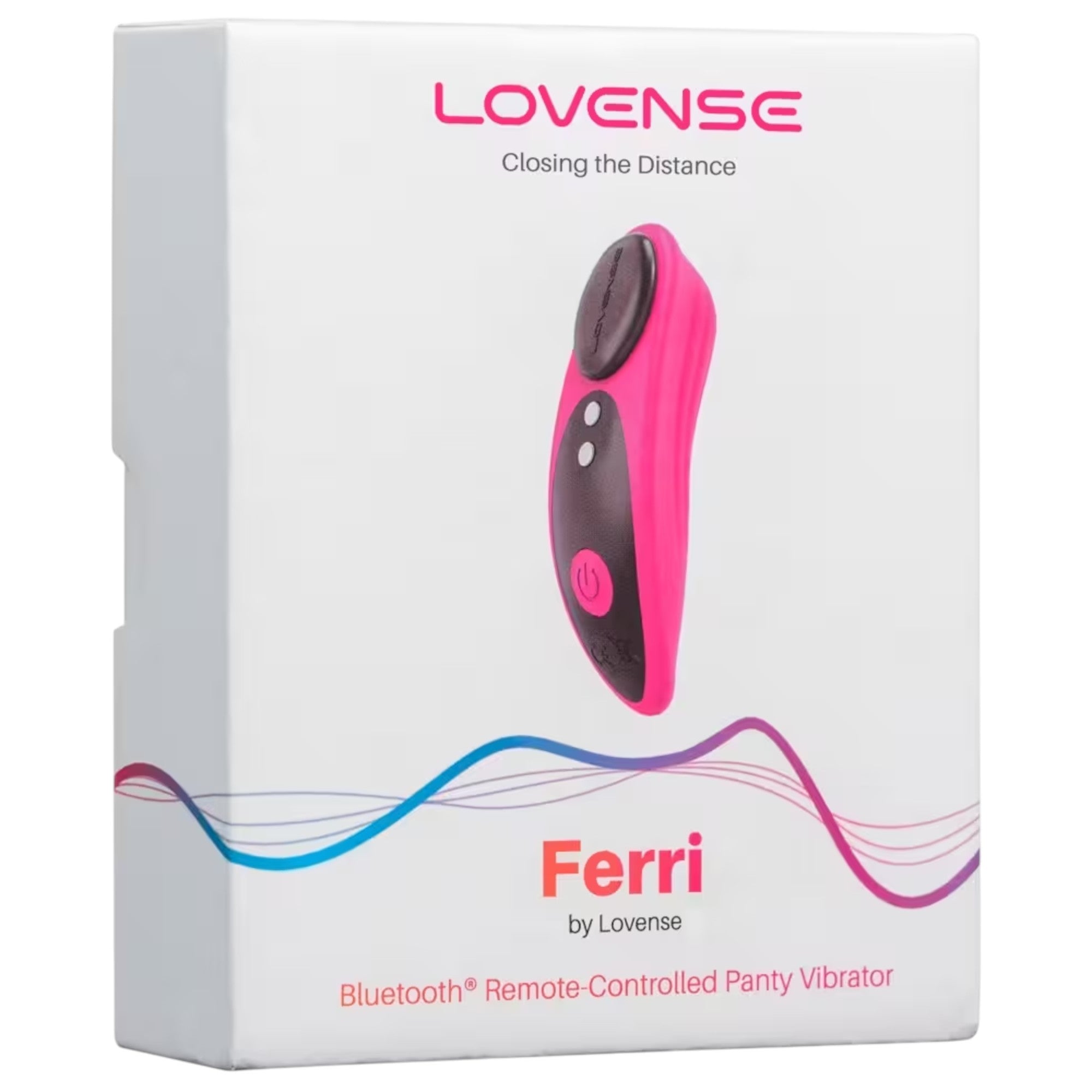Lovense Ferri packaging box shown from front displaying Lovense branding in pink, 'Closing the Distance' tagline, product image of hot pink and black wearable vibrator, 'Ferri' product name, 'by Lovense' text, 'Bluetooth Remote-Controlled Panty Vibrator' descriptor, and blue-to-purple gradient wave design against white background