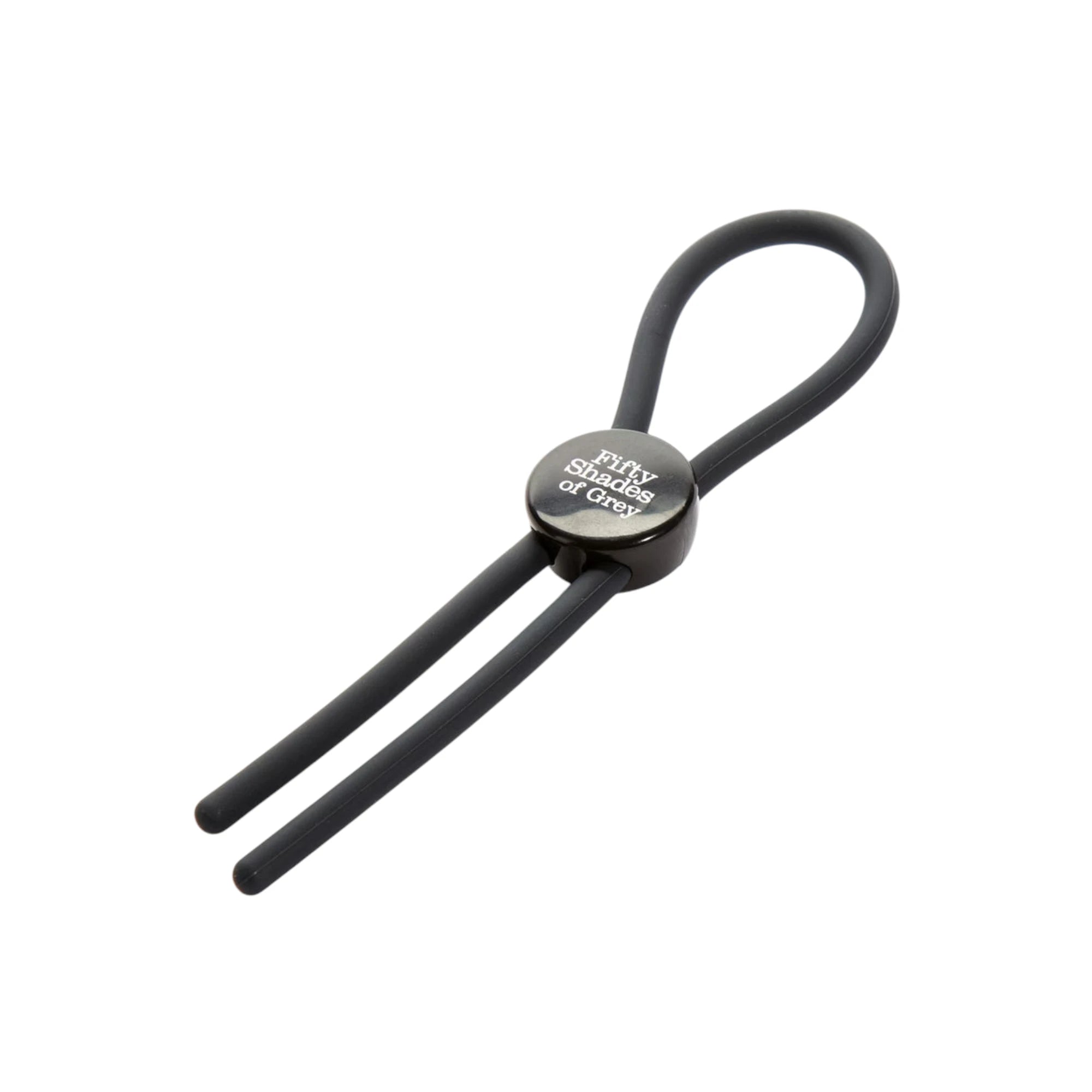 Fifty Shades of Grey Again and Again black adjustable cock ring displayed showing dual parallel silicone strands, metal connector ring with 'Fifty Shades of Grey' branding, loop handle at top, and smooth finish against white background