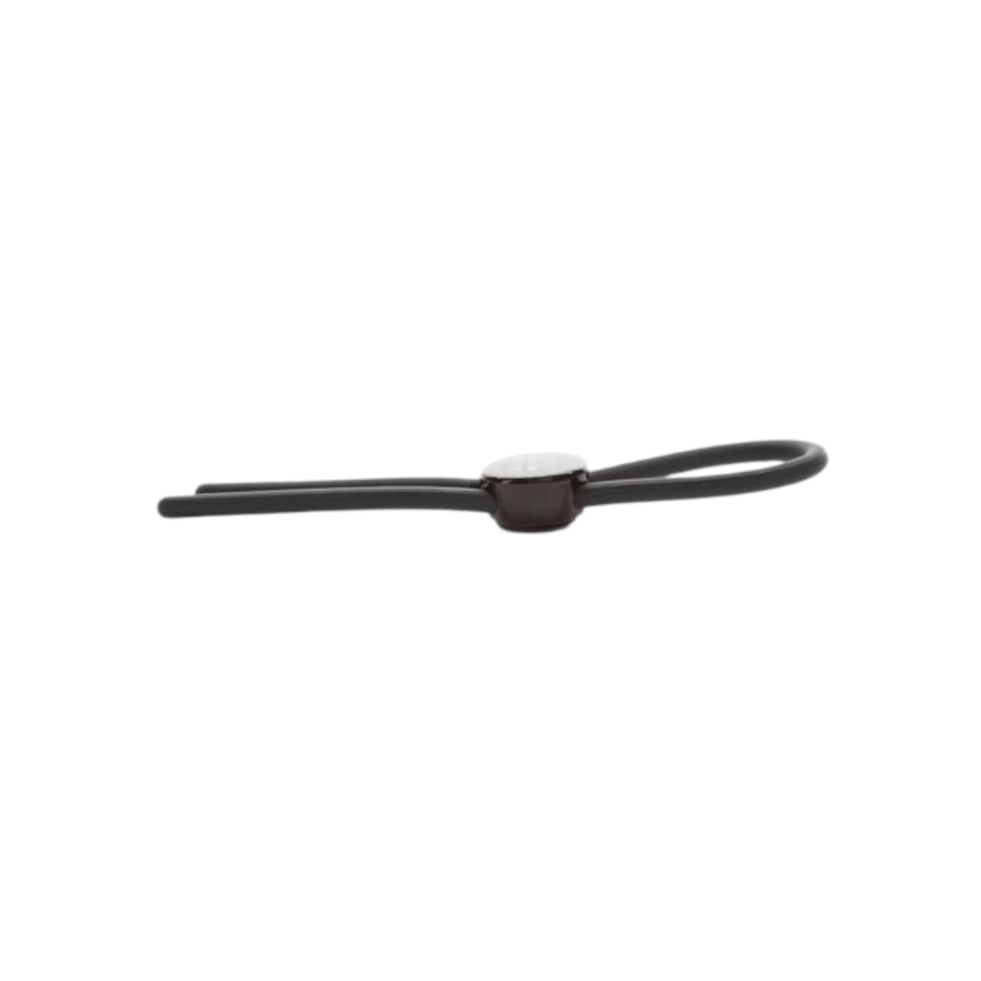 Fifty Shades of Grey Again and Again black adjustable cock ring shown from side displaying dual parallel silicone strands, metal connector ring with product branding, loop handle, and ergonomic profile against white background