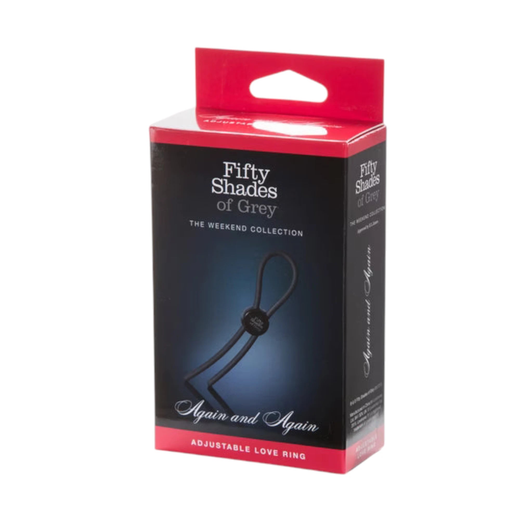Fifty Shades of Grey Again and Again packaging box shown from front displaying black and red design with hanging tab, 'Fifty Shades of Grey The Weekend Collection' text, product image of adjustable cock ring, 'Again and Again' product name, and 'Adjustable Love Ring' descriptor against white background