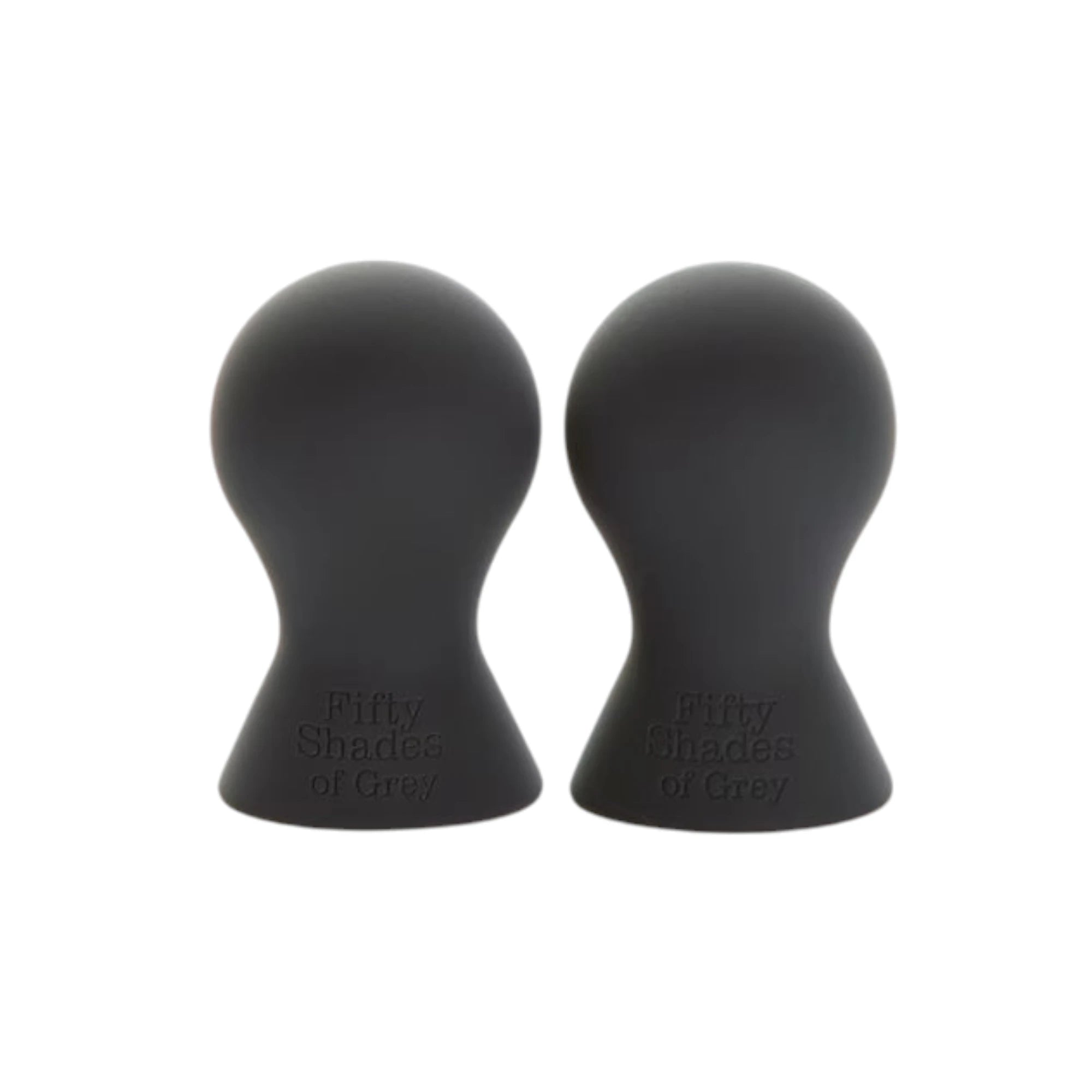 Fifty Shades of Grey Nothing but Sensation nipple suckers in black silicone shown from front displaying two rounded suction cups with Fifty Shades of Grey branding on bases against white background