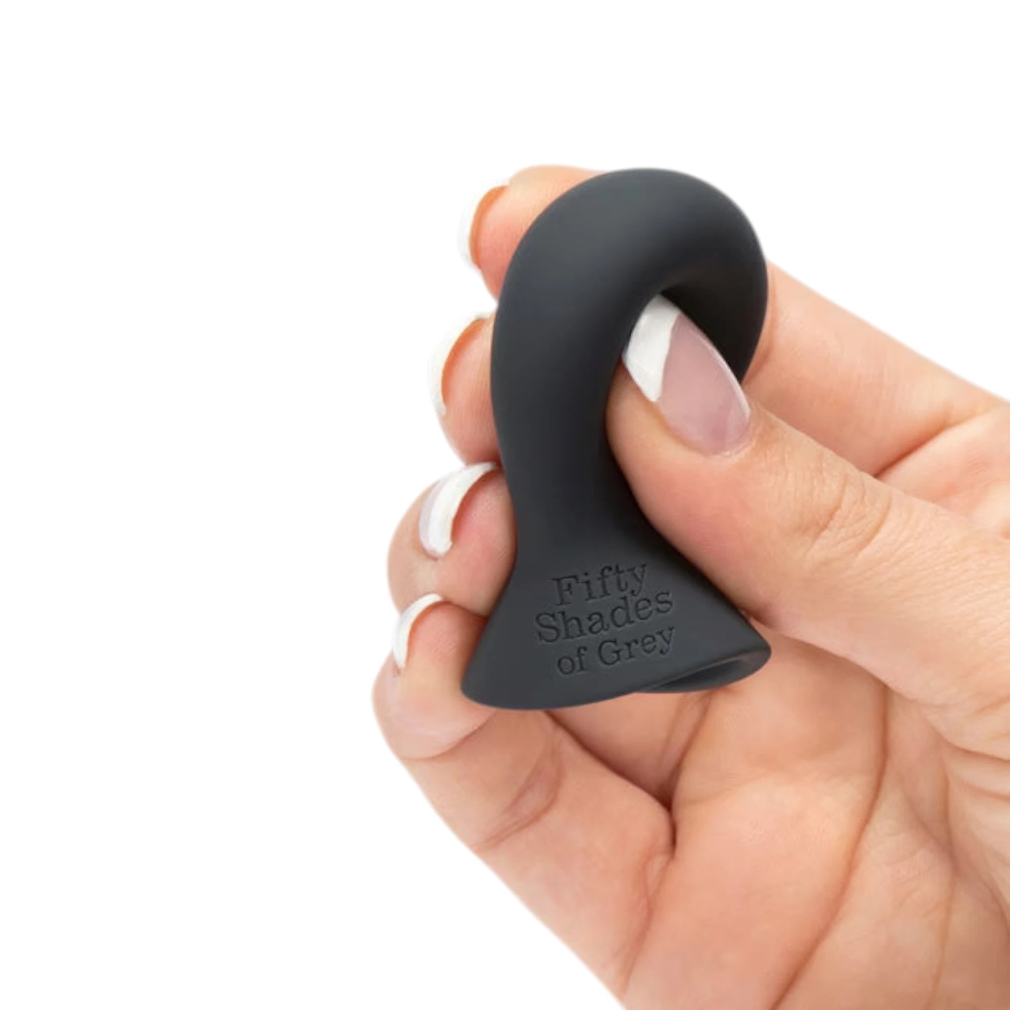 Fifty Shades of Grey Nothing but Sensation nipple sucker in black silicone held in hand displaying rounded suction cup, textured interior, Fifty Shades of Grey branding on base, and smooth silicone finish against white background