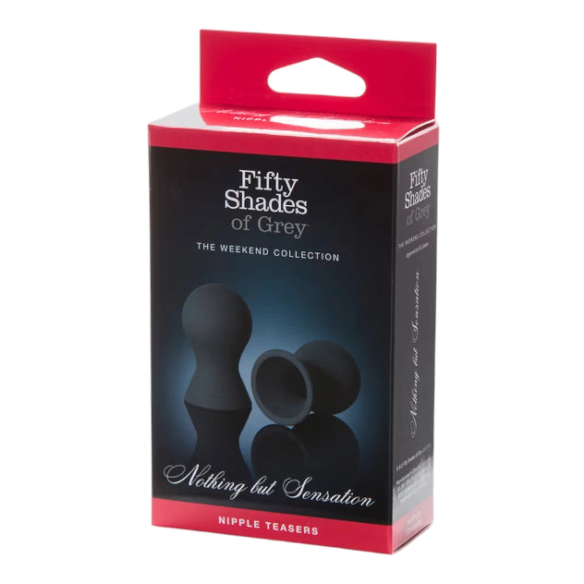 Fifty Shades of Grey Nothing but Sensation nipple teasers packaging box in black and red with handle, 'Fifty Shades of Grey The Weekend Collection' branding, product images, 'Nothing but Sensation' text, and red 'Nipple Teasers' label against white background
