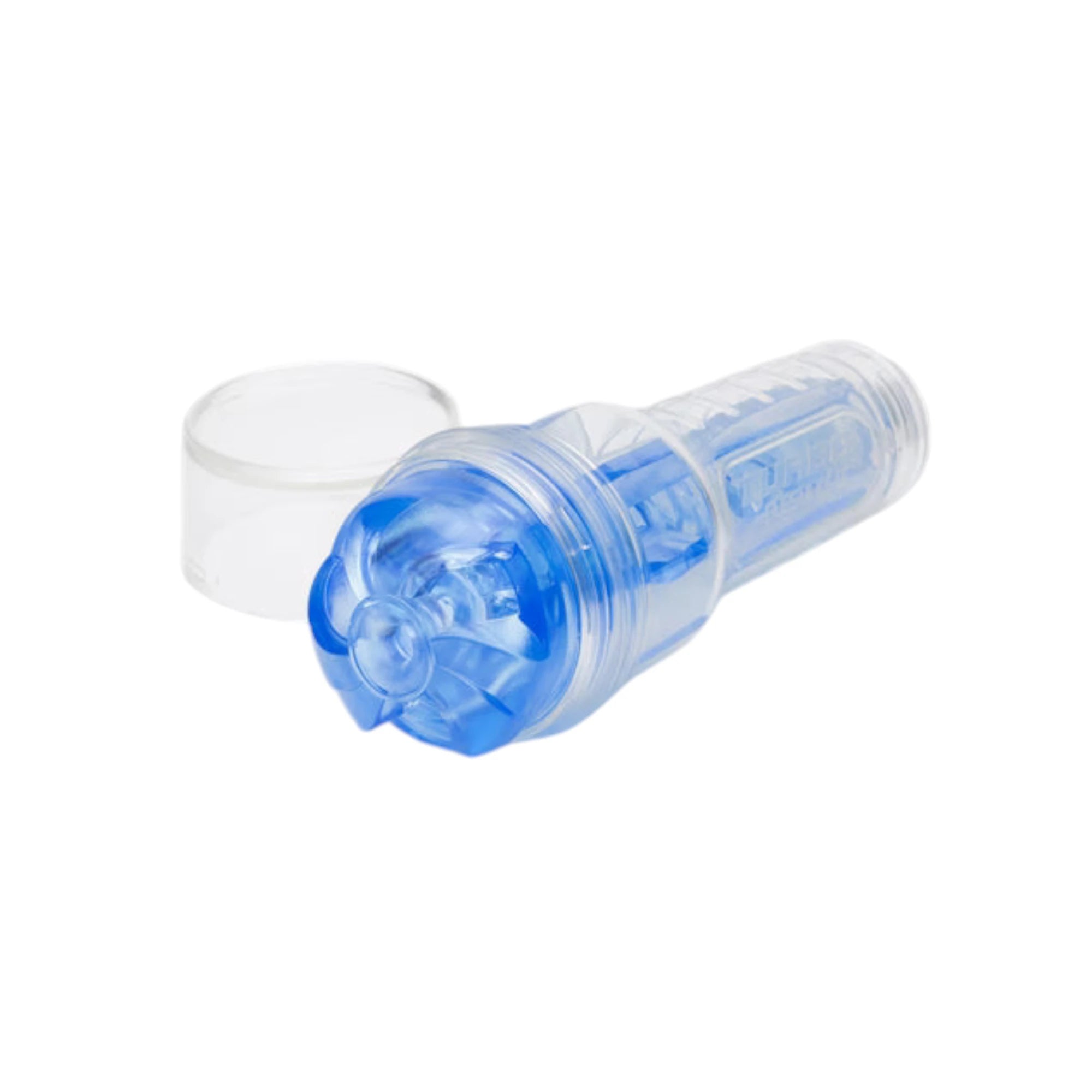 Fleshlight Turbo Thrust blow job masturbator shown with clear storage case displaying blue TPE opening, transparent cylindrical body, ribbed casing, and removable cap against white background