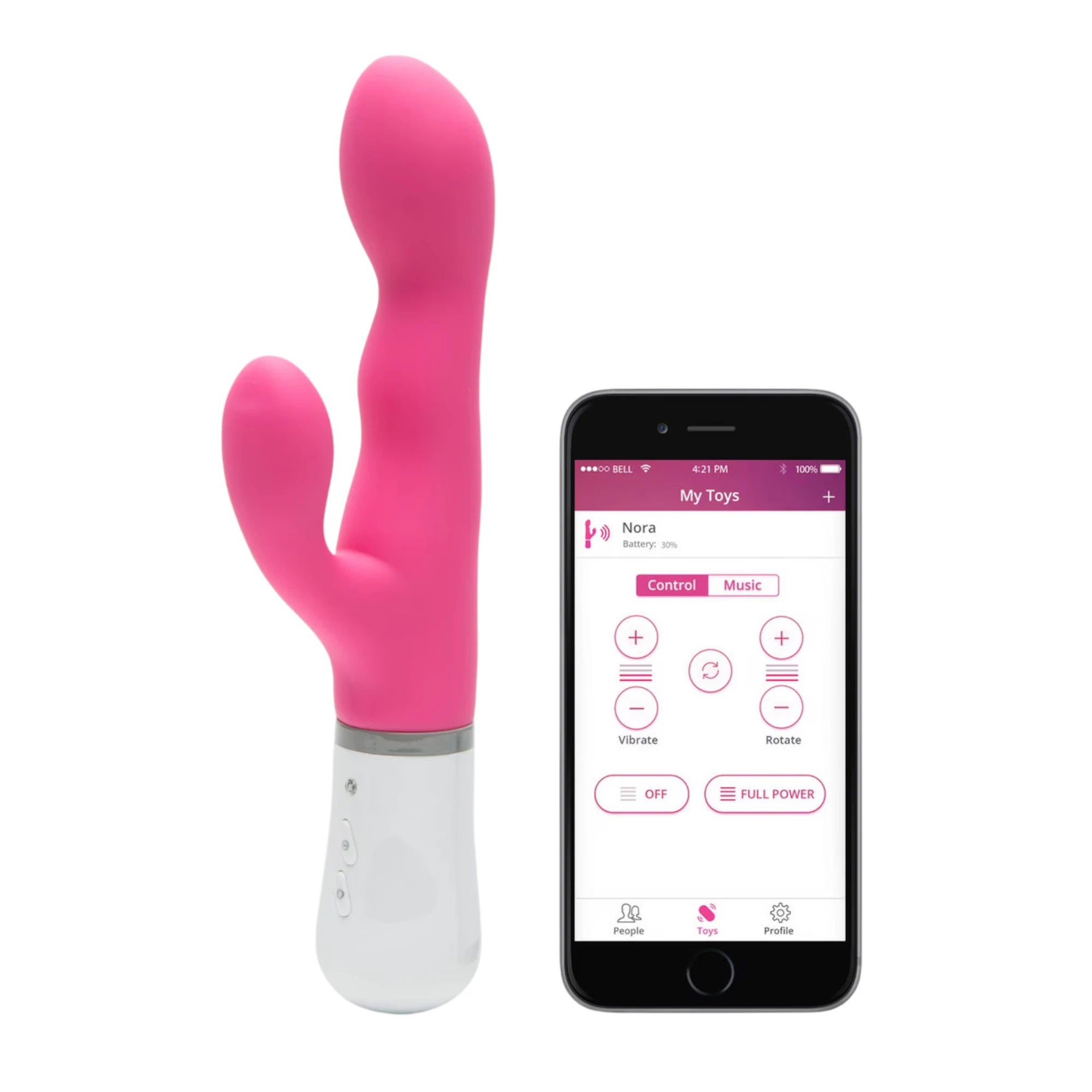 Lovense Nora hot pink and white rotating rabbit vibrator displayed next to smartphone showing Lovense app control screen with Nora selected, vibrate and rotate controls, plus and minus buttons, and 'Full Power' option against white background