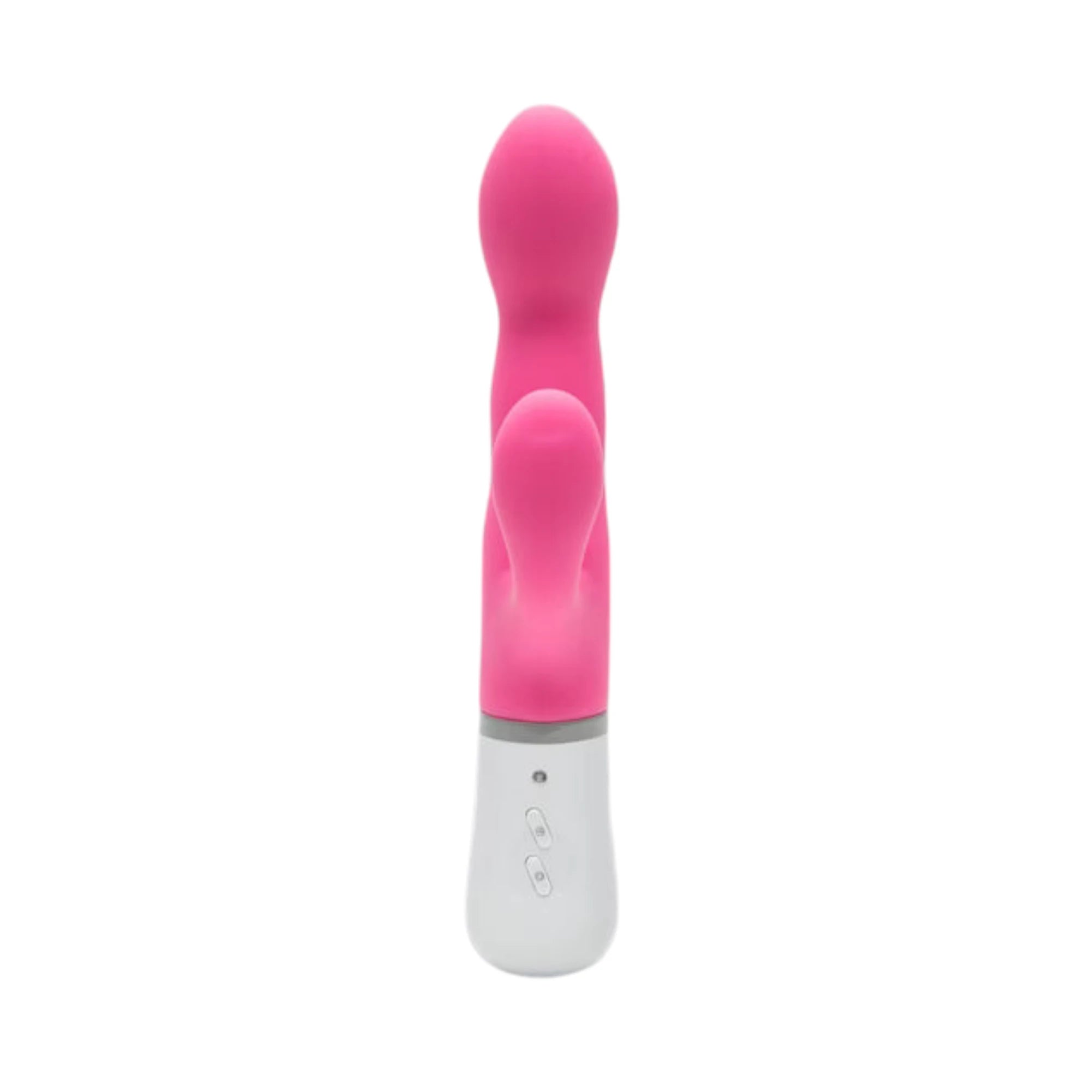 Lovense Nora hot pink rotating rabbit vibrator shown from front displaying curved dual-stimulation arms with upper clitoral bulb and lower G-spot arm, white silicone handle with grey accent band, two control buttons, and smooth finish against white background