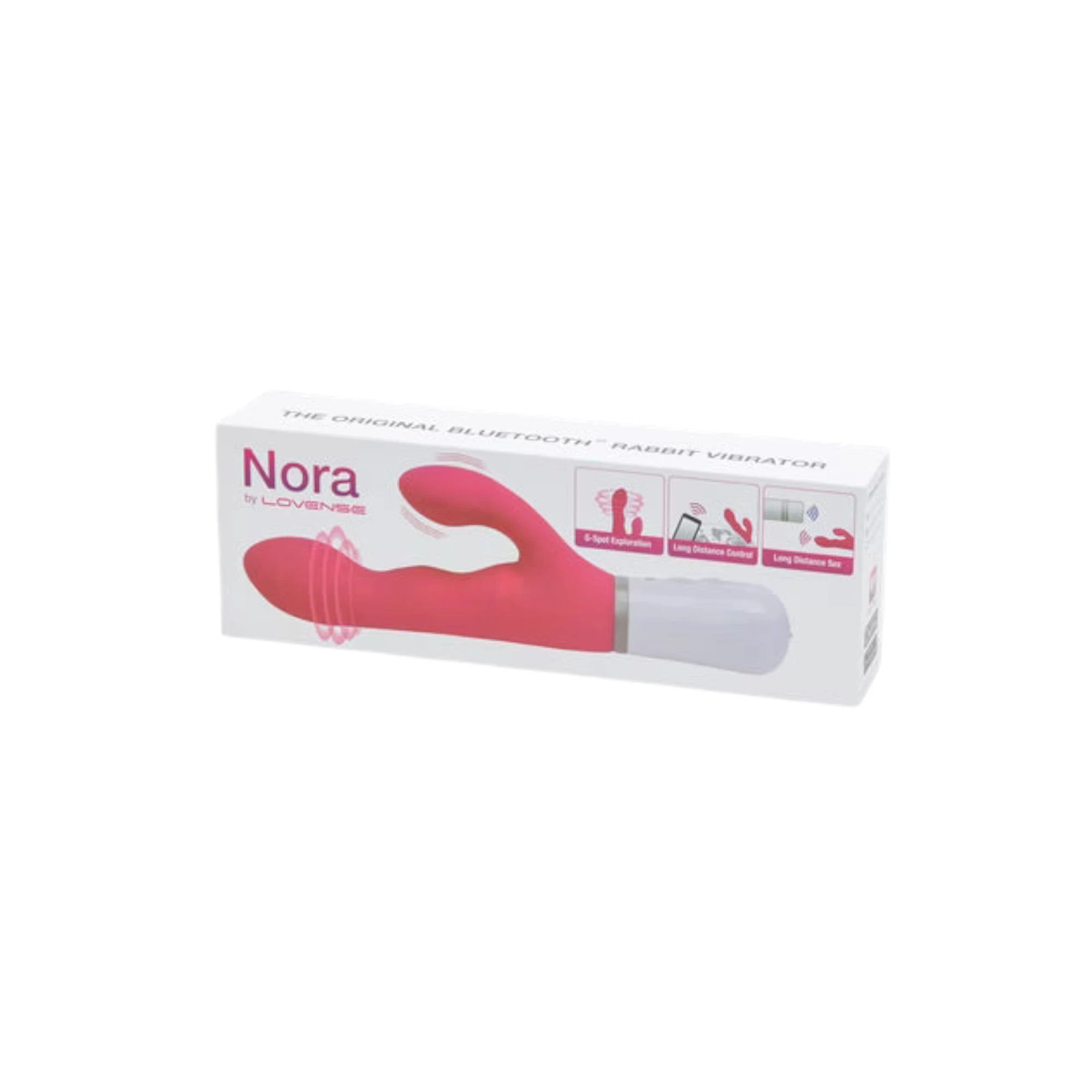 Lovense Nora packaging box shown from front displaying 'The Original Bluetooth Rabbit Vibrator' text, 'Nora' product name in pink, 'by Lovense' branding, product image of hot pink and white rotating rabbit vibrator, feature icons for couples play, long-distance control, and long-distance bar, and white background