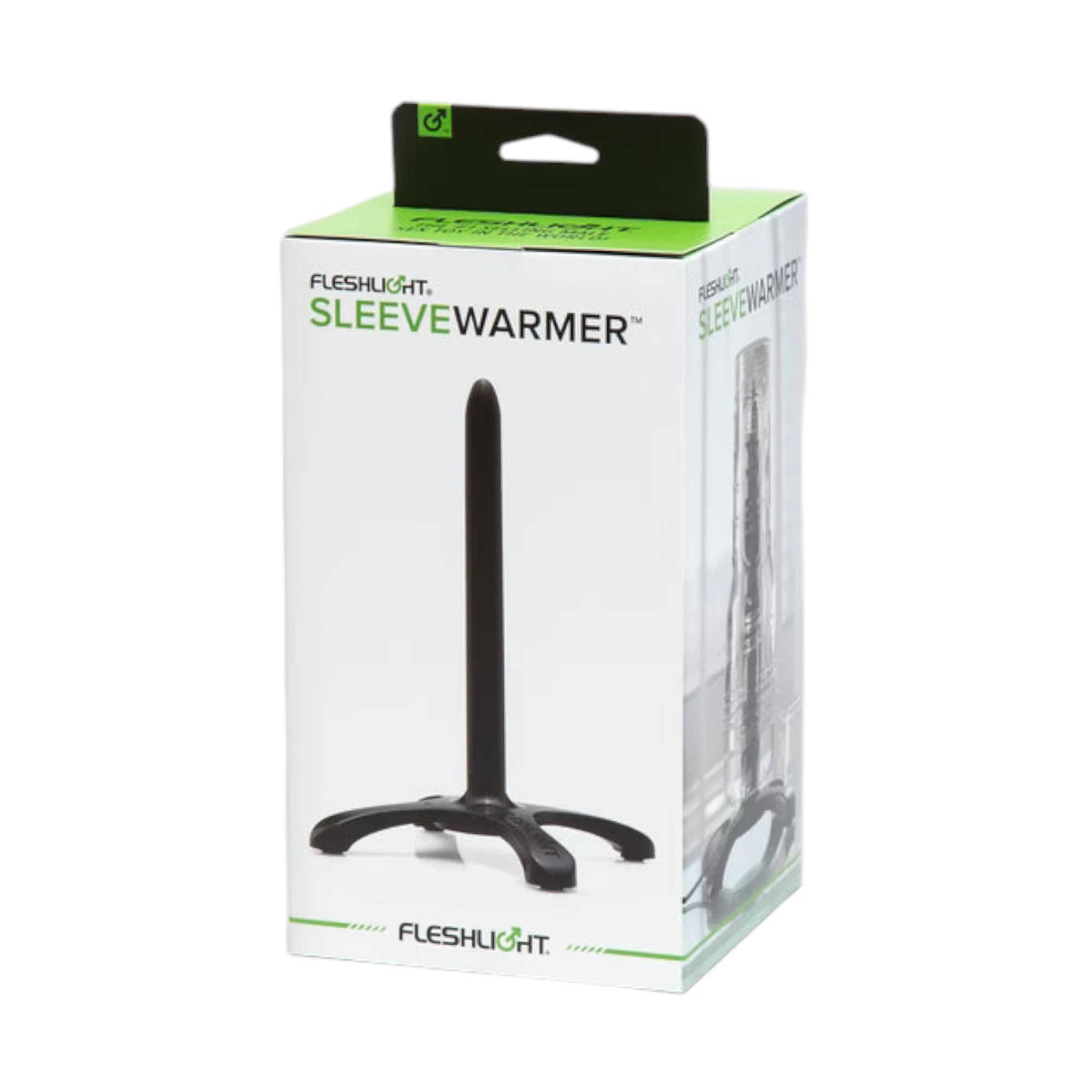 Fleshlight Sleeve Warmer USB-powered warming rod packaging box shown from front displaying product image in window cutout showing black warming rod with stand base, 'Sleeve Warmer' branding in green and black, Fleshlight logo, and product details against white background