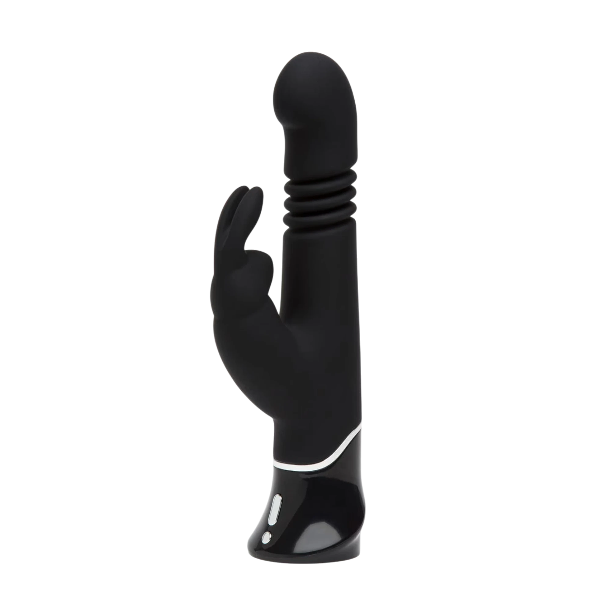 Fifty Shades of Grey Greedy Girl black thrusting rabbit vibrator shown from front displaying curved dual-stimulation design, rounded clitoral arm, internal thrusting shaft, white accent band, control buttons at base, and smooth silicone finish against transparent background